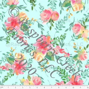 Aqua Fuchsia Coral Yellow and Green Floral Print Rayon Challis, CLUB Fabrics
