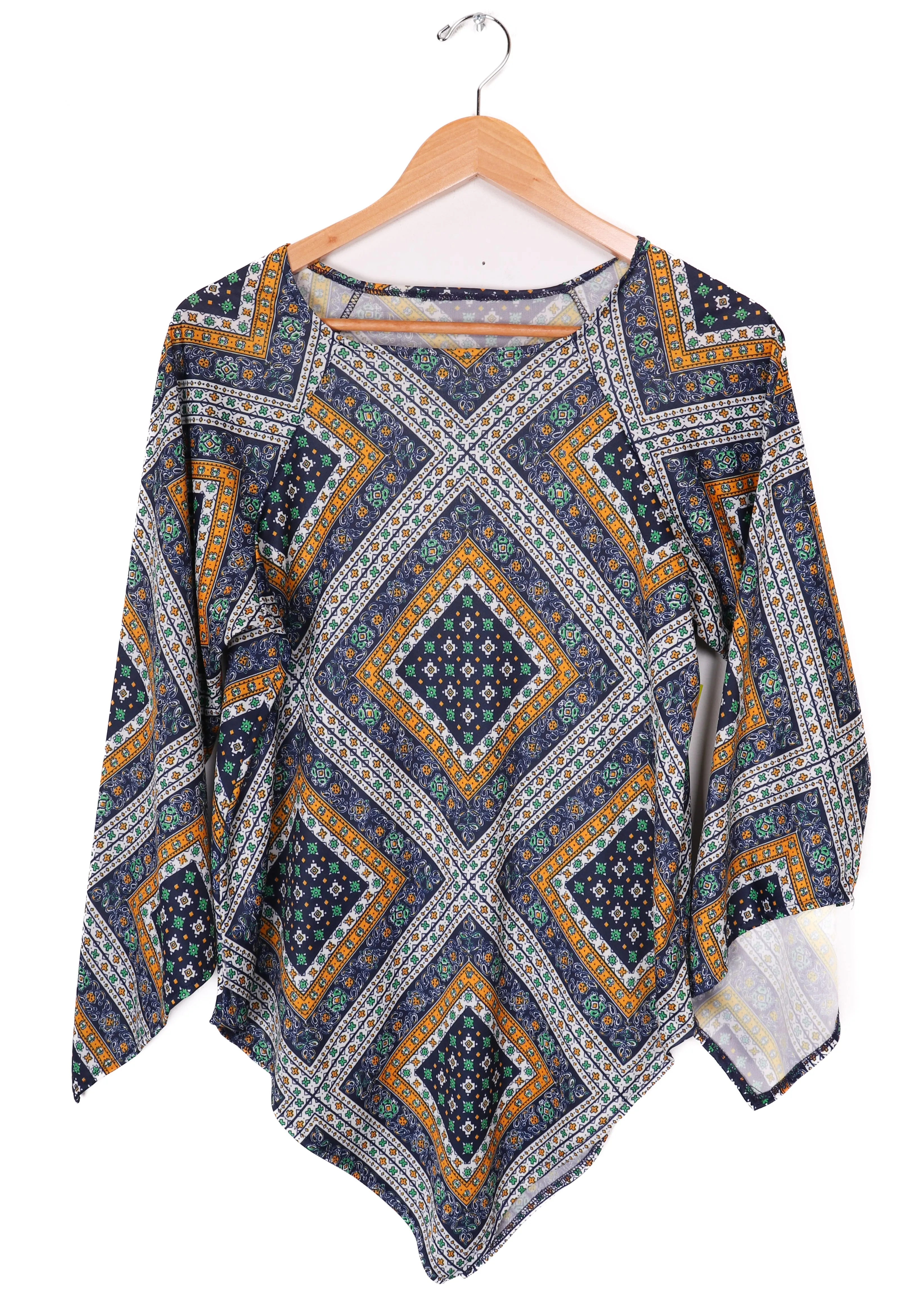 Blue Oriental Patterns Polyester Flowy Blouse Top
