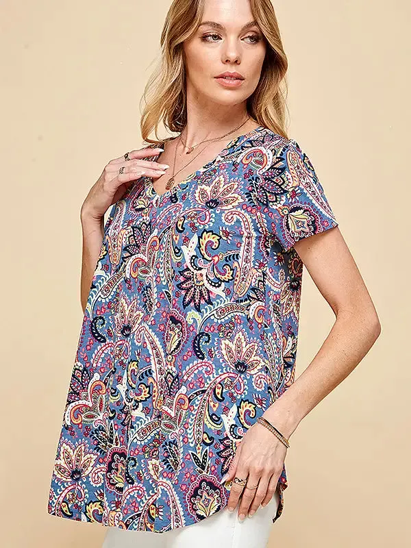 Blue Women Short Sleeve Paisley Top