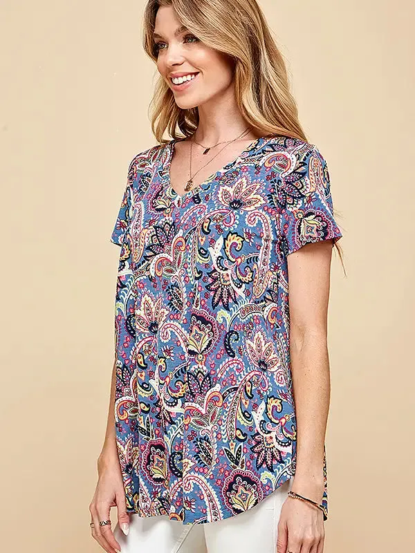 Blue Women Short Sleeve Paisley Top