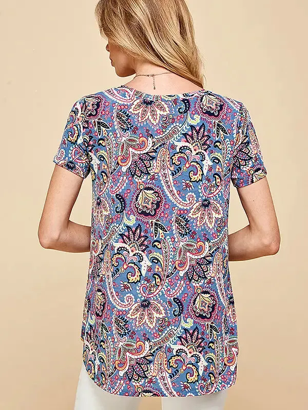 Blue Women Short Sleeve Paisley Top