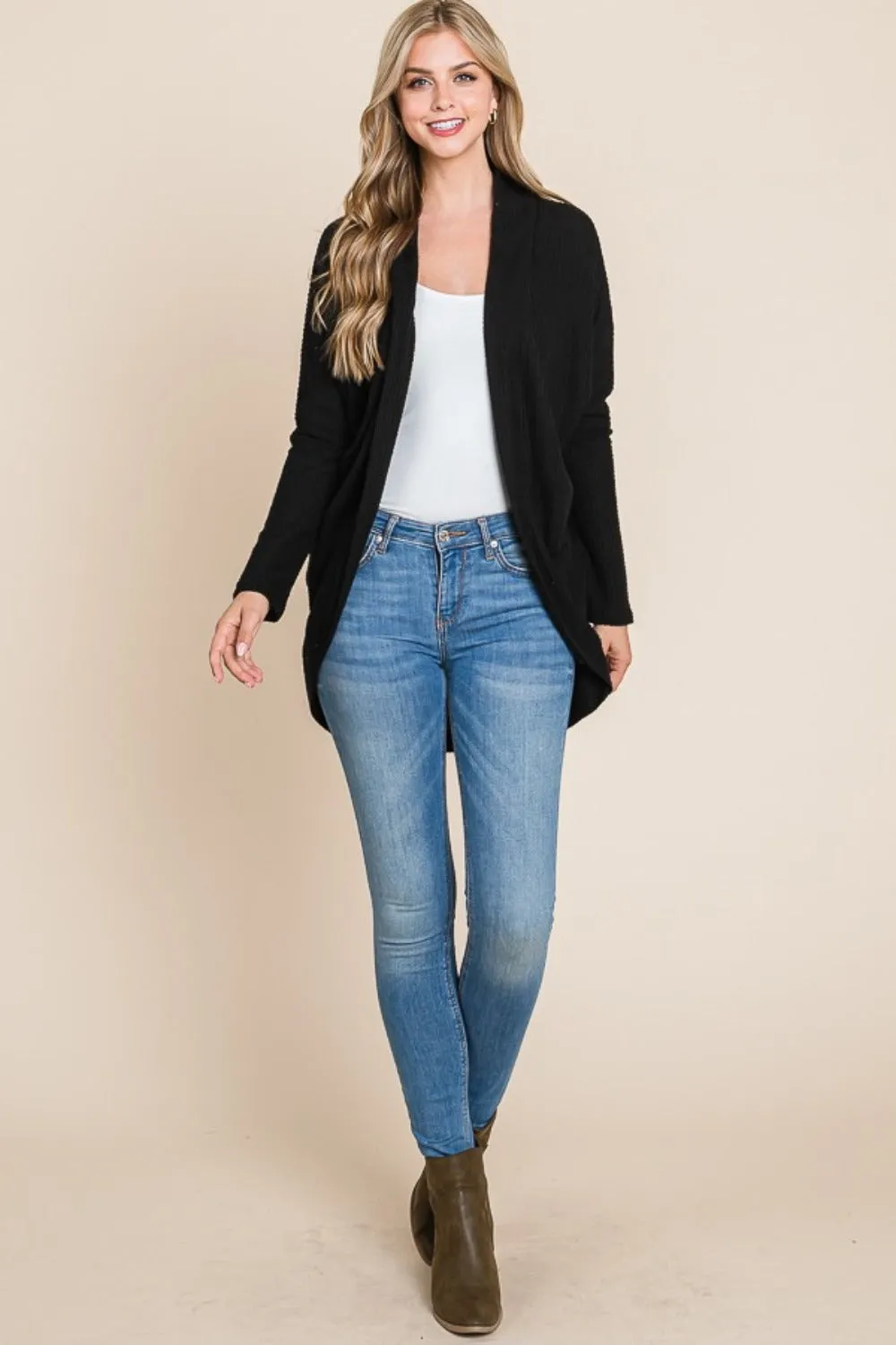 Blue Zone Planet |  BOMBOM Open Front Waffle Knit Cocoon Cardigan