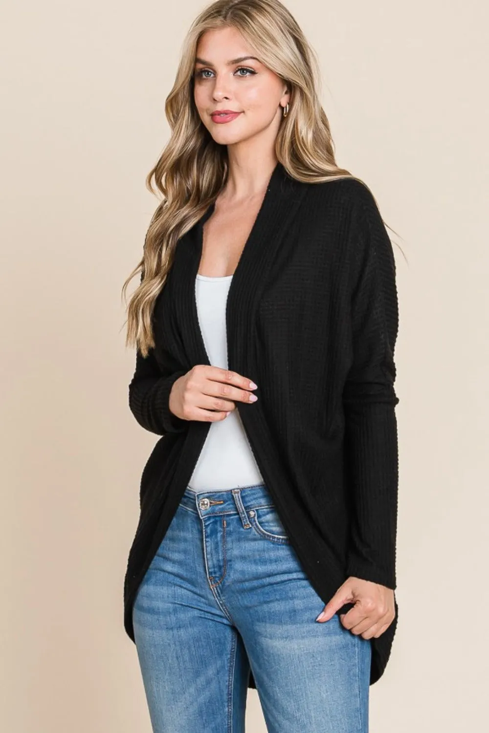 Blue Zone Planet |  BOMBOM Open Front Waffle Knit Cocoon Cardigan