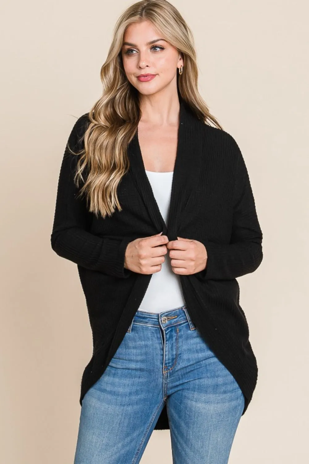 Blue Zone Planet |  BOMBOM Open Front Waffle Knit Cocoon Cardigan