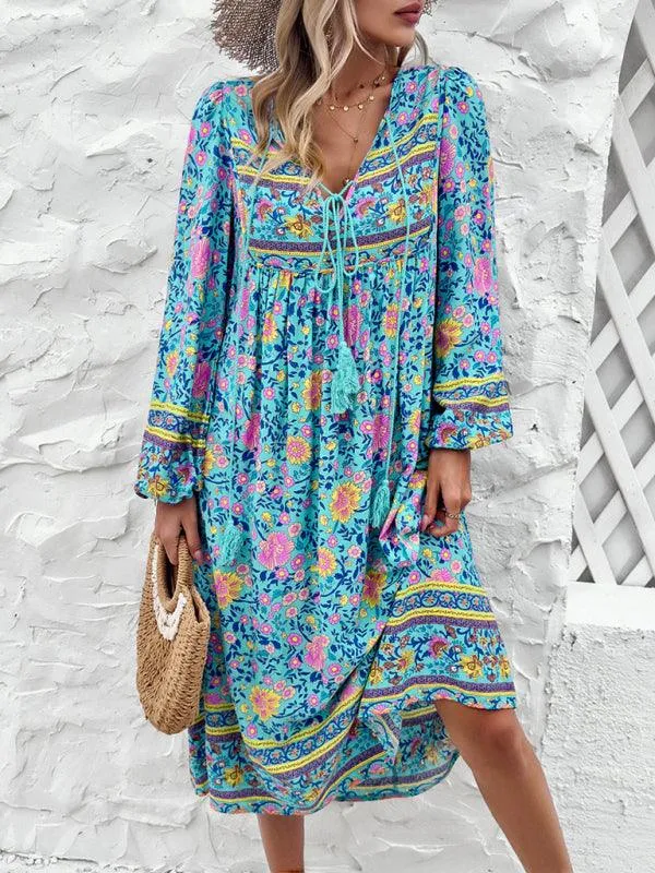 Bohemian Escape Women's Long Sleeve Resort Dress in Viscose