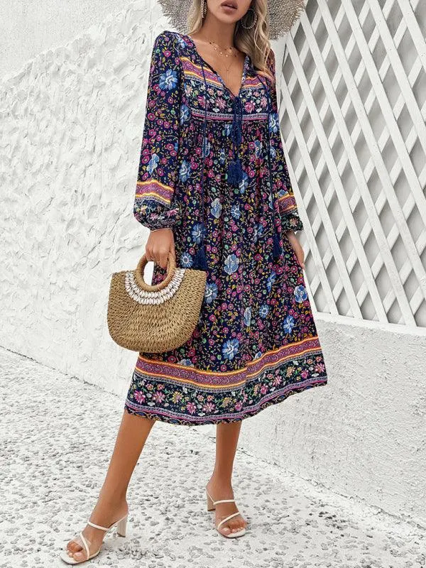 Bohemian Escape Women's Long Sleeve Resort Dress in Viscose