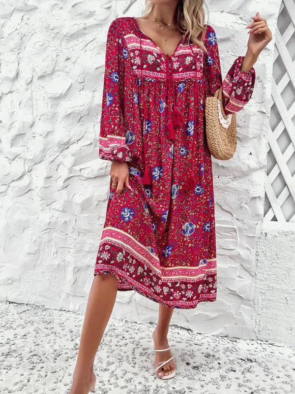 Bohemian Escape Women's Long Sleeve Resort Dress in Viscose