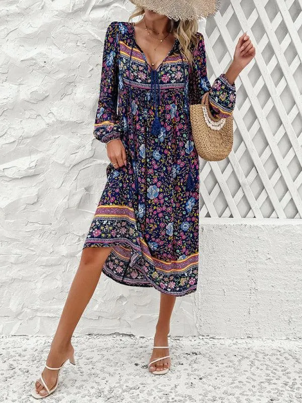 Bohemian Escape Women's Long Sleeve Resort Dress in Viscose