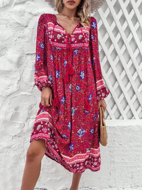 Bohemian Escape Women's Long Sleeve Resort Dress in Viscose