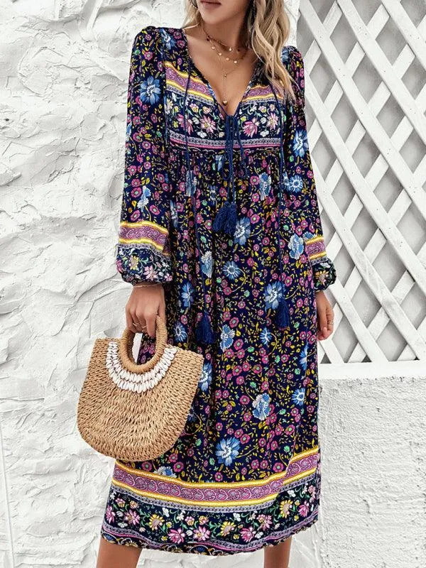 Bohemian Escape Women's Long Sleeve Resort Dress in Viscose