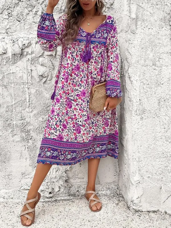 Bohemian Escape Women's Long Sleeve Resort Dress in Viscose