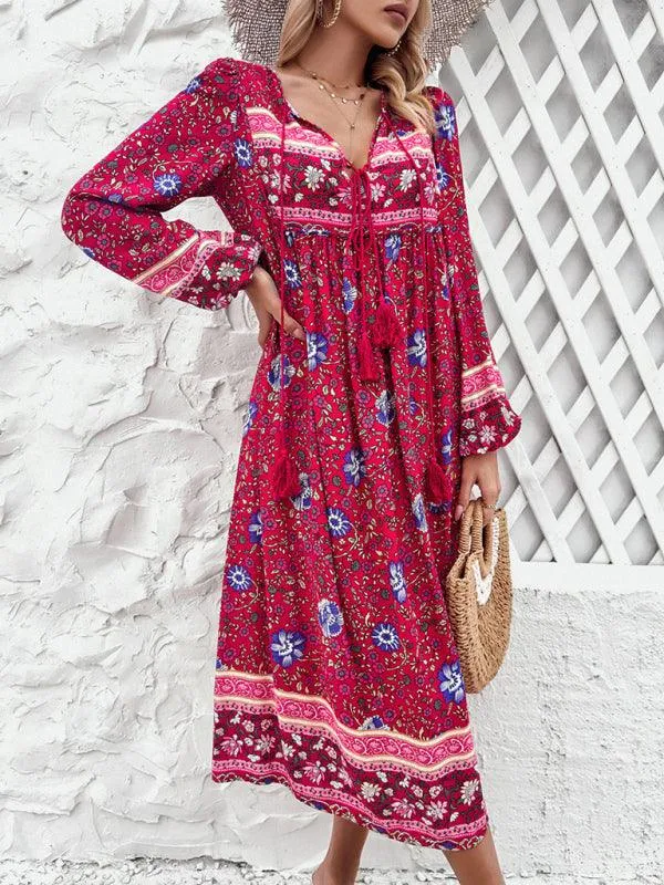 Bohemian Escape Women's Long Sleeve Resort Dress in Viscose