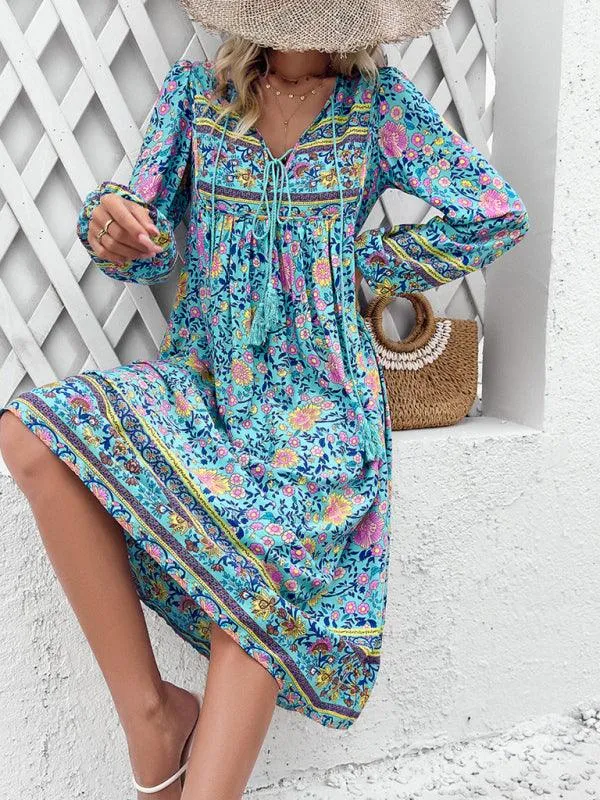Bohemian Escape Women's Long Sleeve Resort Dress in Viscose