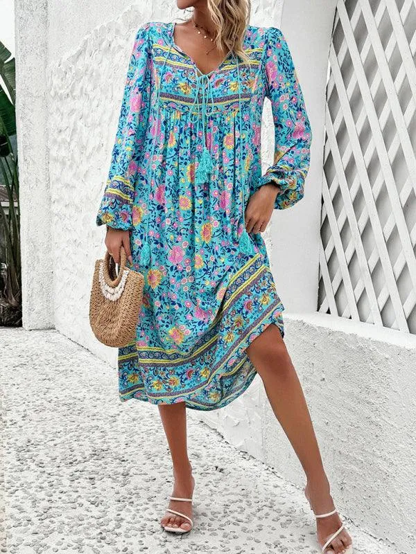 Bohemian Escape Women's Long Sleeve Resort Dress in Viscose