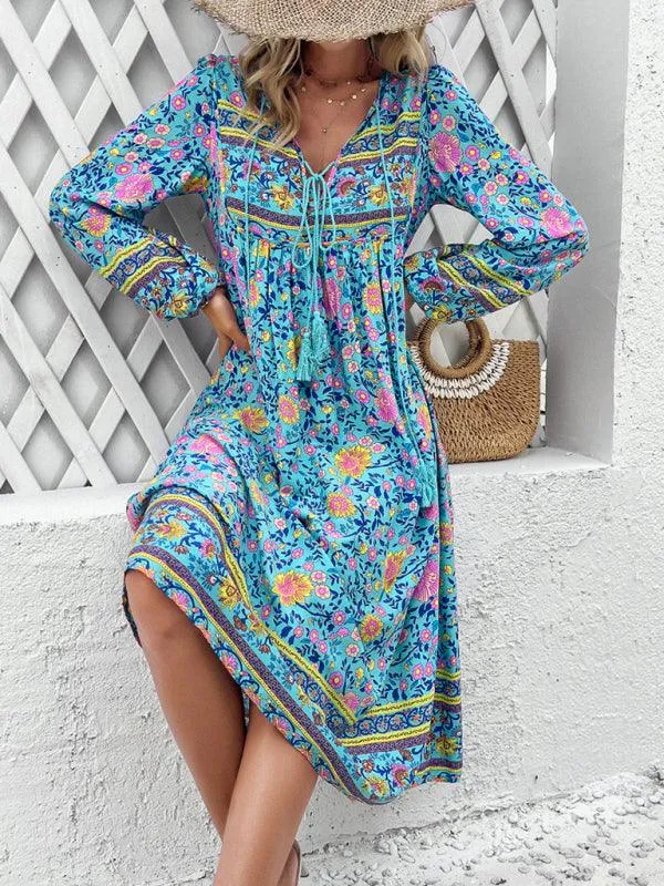 Bohemian Escape Women's Long Sleeve Resort Dress in Viscose