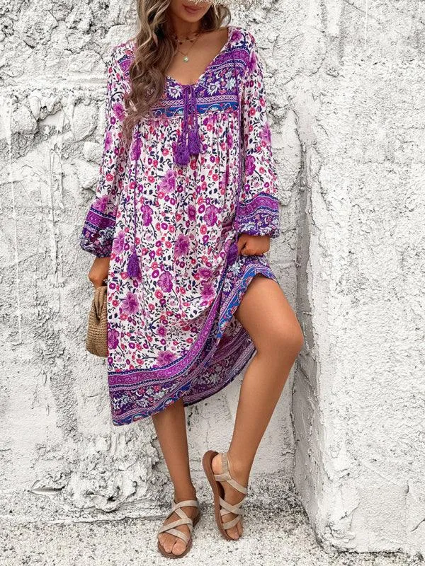 Bohemian Escape Women's Long Sleeve Resort Dress in Viscose
