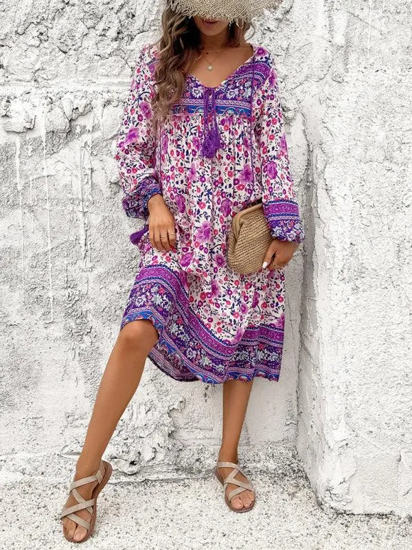 Bohemian Escape Women's Long Sleeve Resort Dress in Viscose