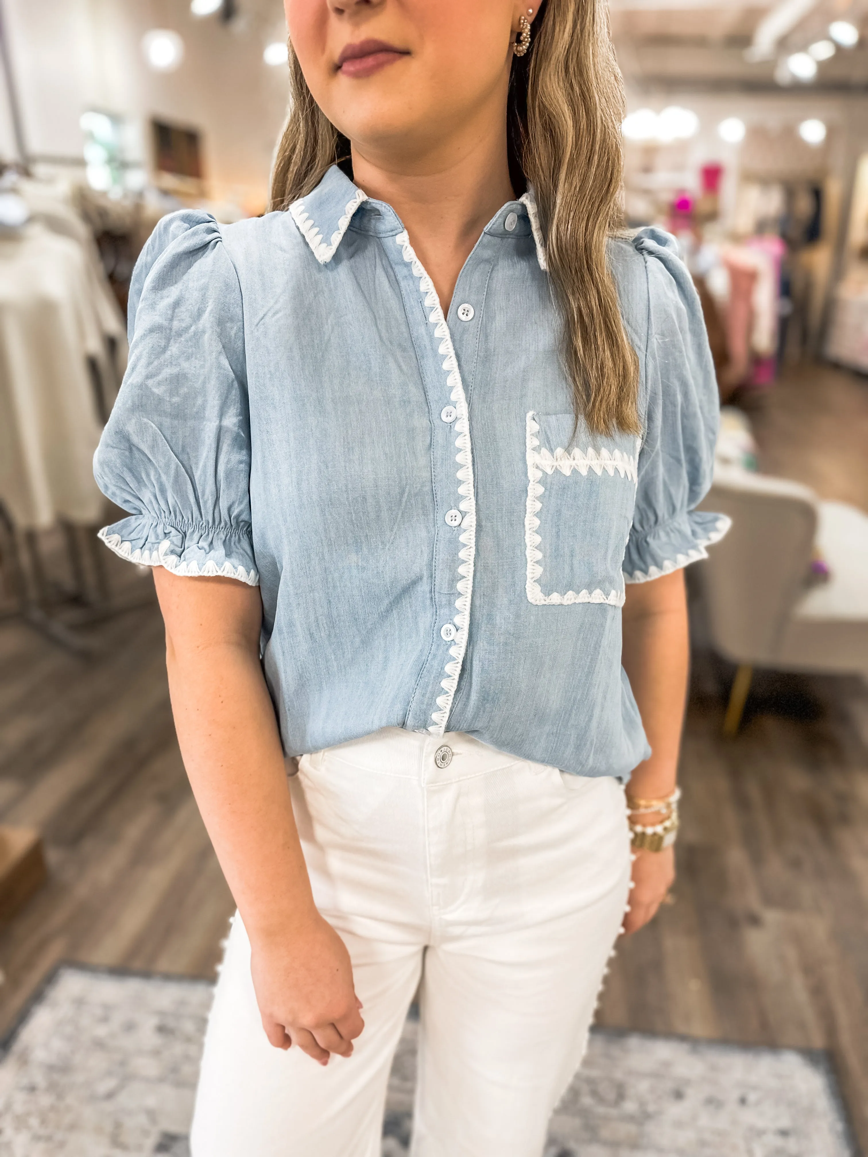 Bring Me to Spring Denim Blue Ric Rac Trim Top