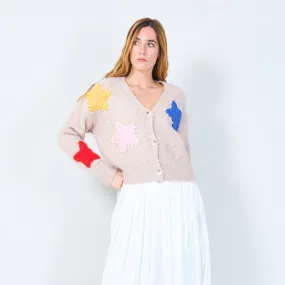 Button-up cardigan with star appliqués and pearl accents wholesale