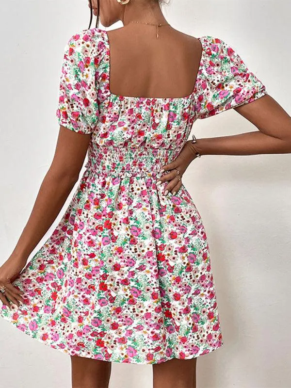 Chic Floral Print Puff Sleeve Dress with High Waist Design for Women