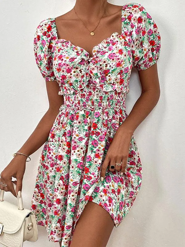 Chic Floral Print Puff Sleeve Dress with High Waist Design for Women