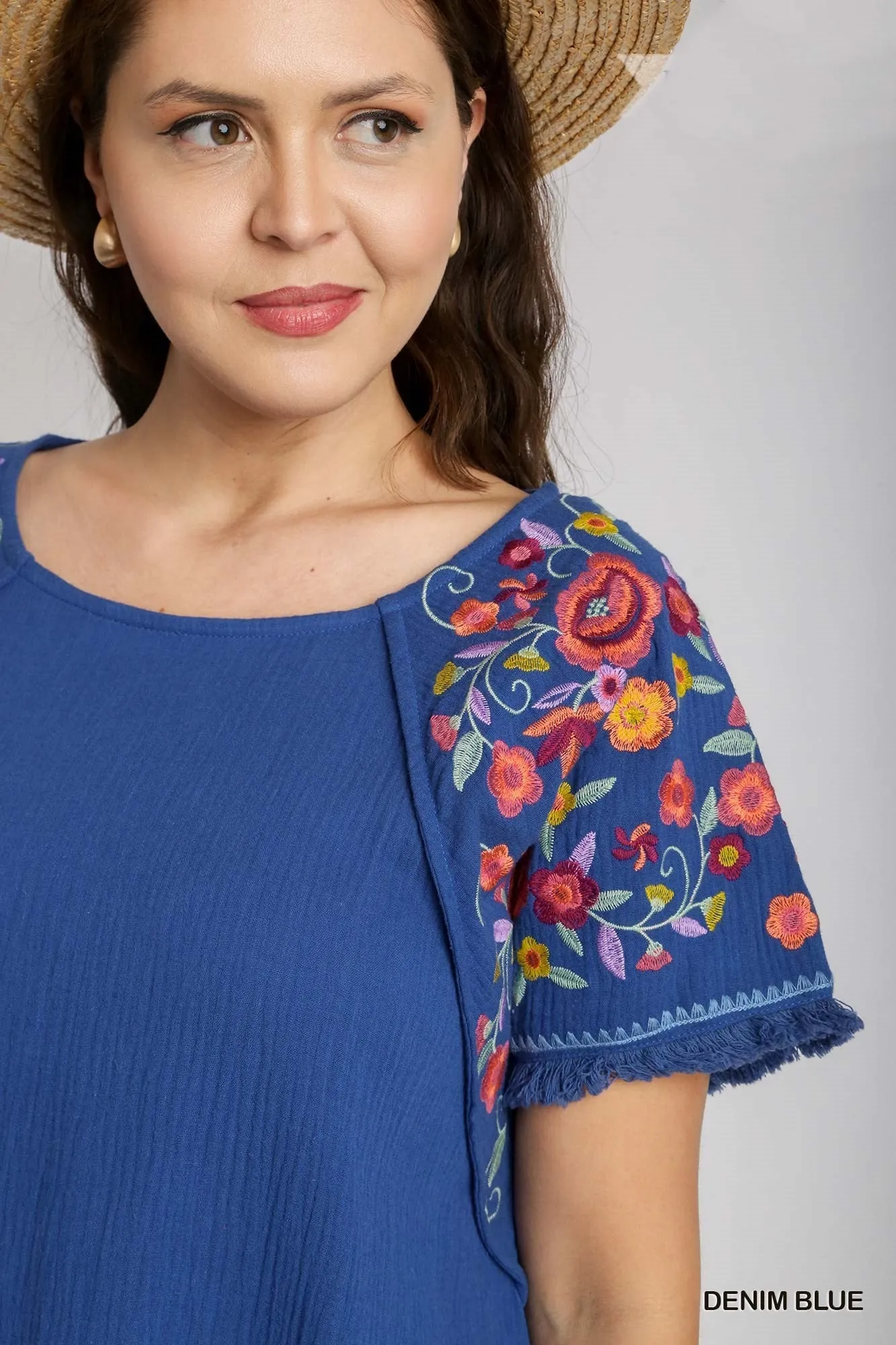 Embroidered Sleeve Cotton Scoop Dress in Blue