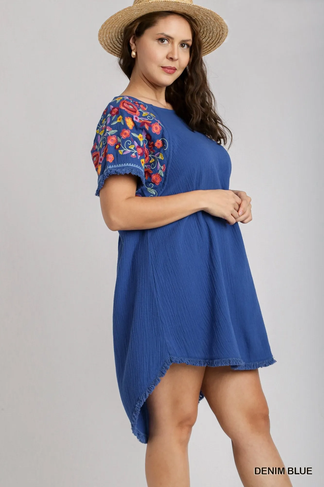 Embroidered Sleeve Cotton Scoop Dress in Blue