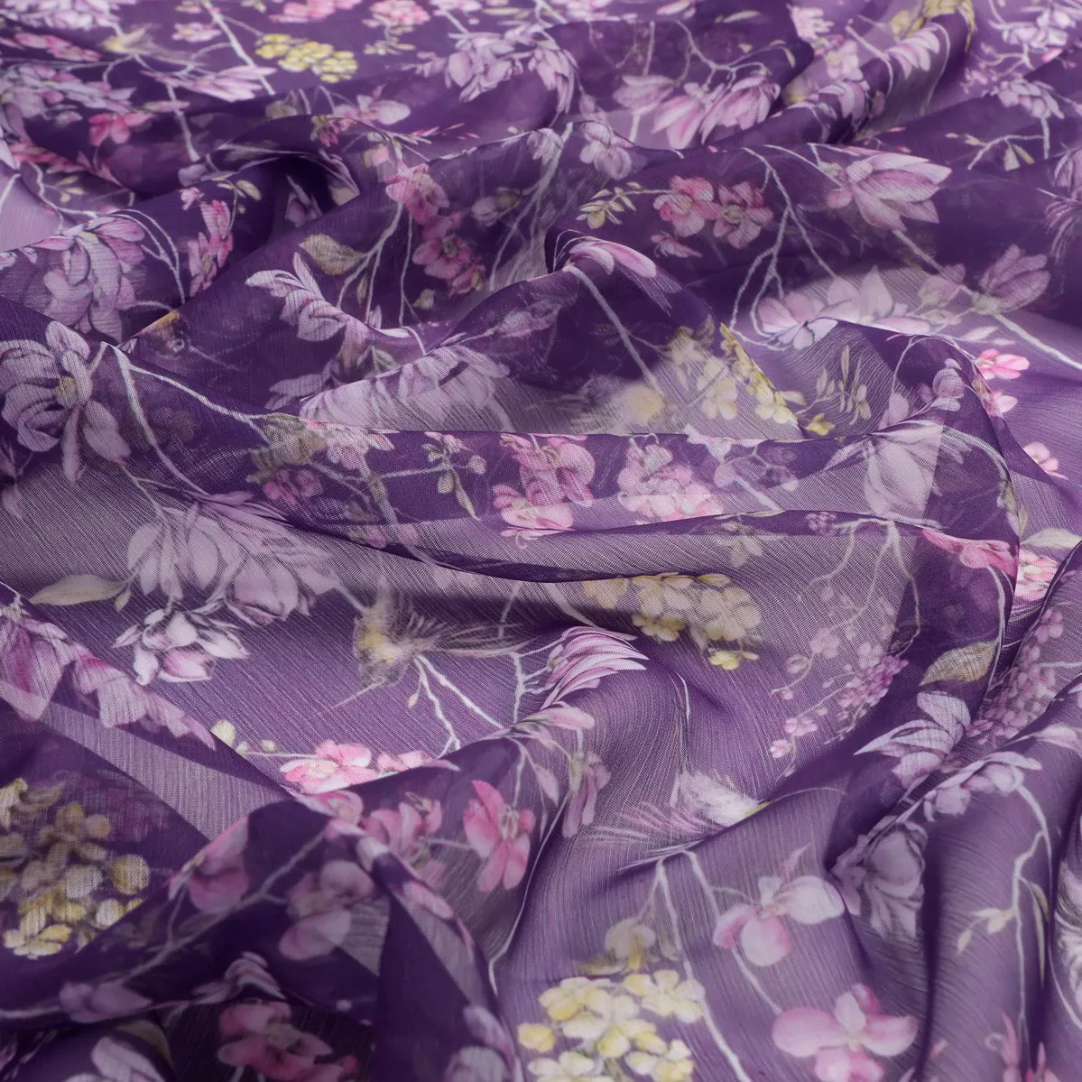 FAB VOGUE Studio Purple Floral Chiffon Fabric - Digital Printed Polyester