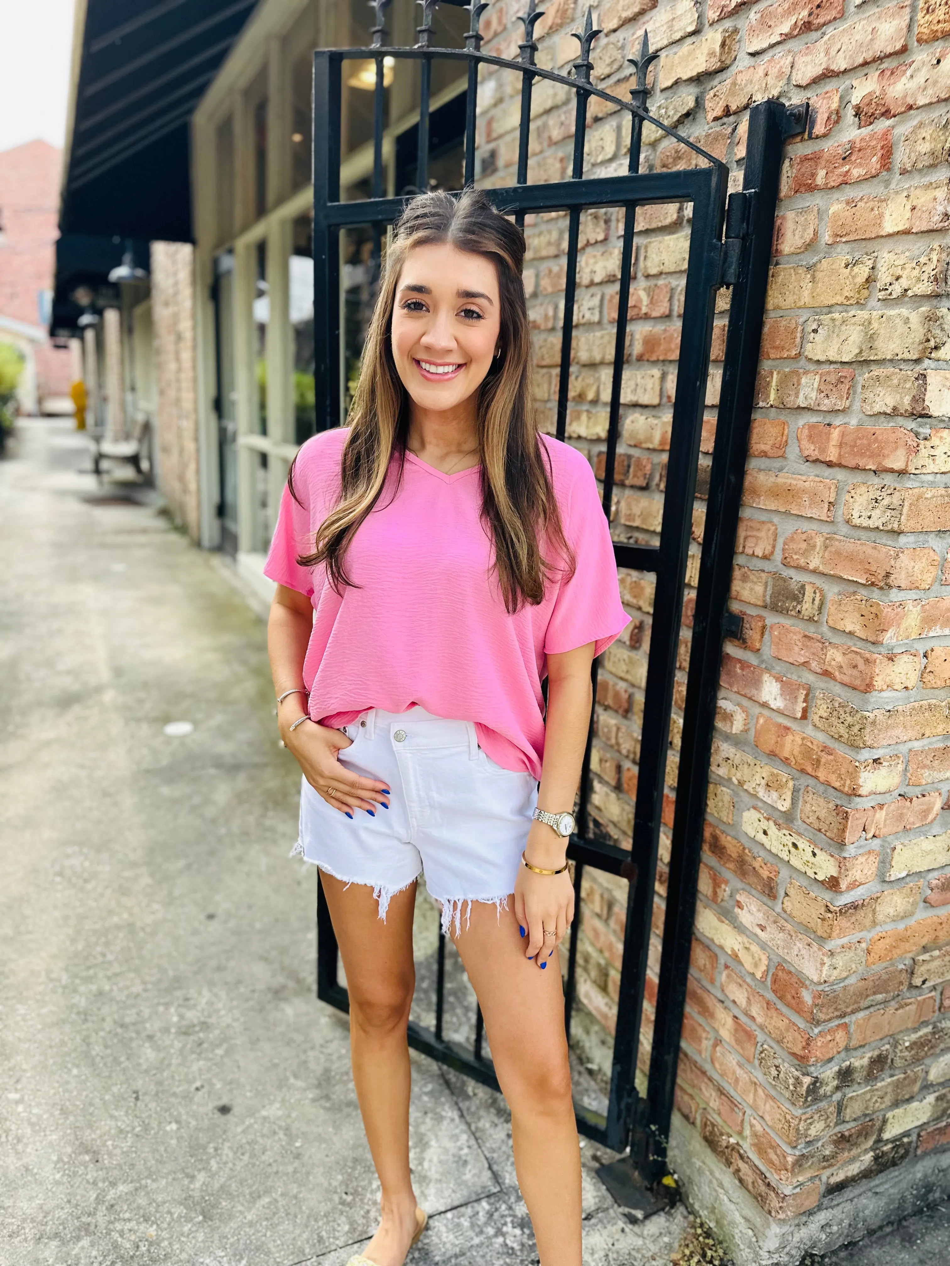 Flowy V Blouse-Baby Pink