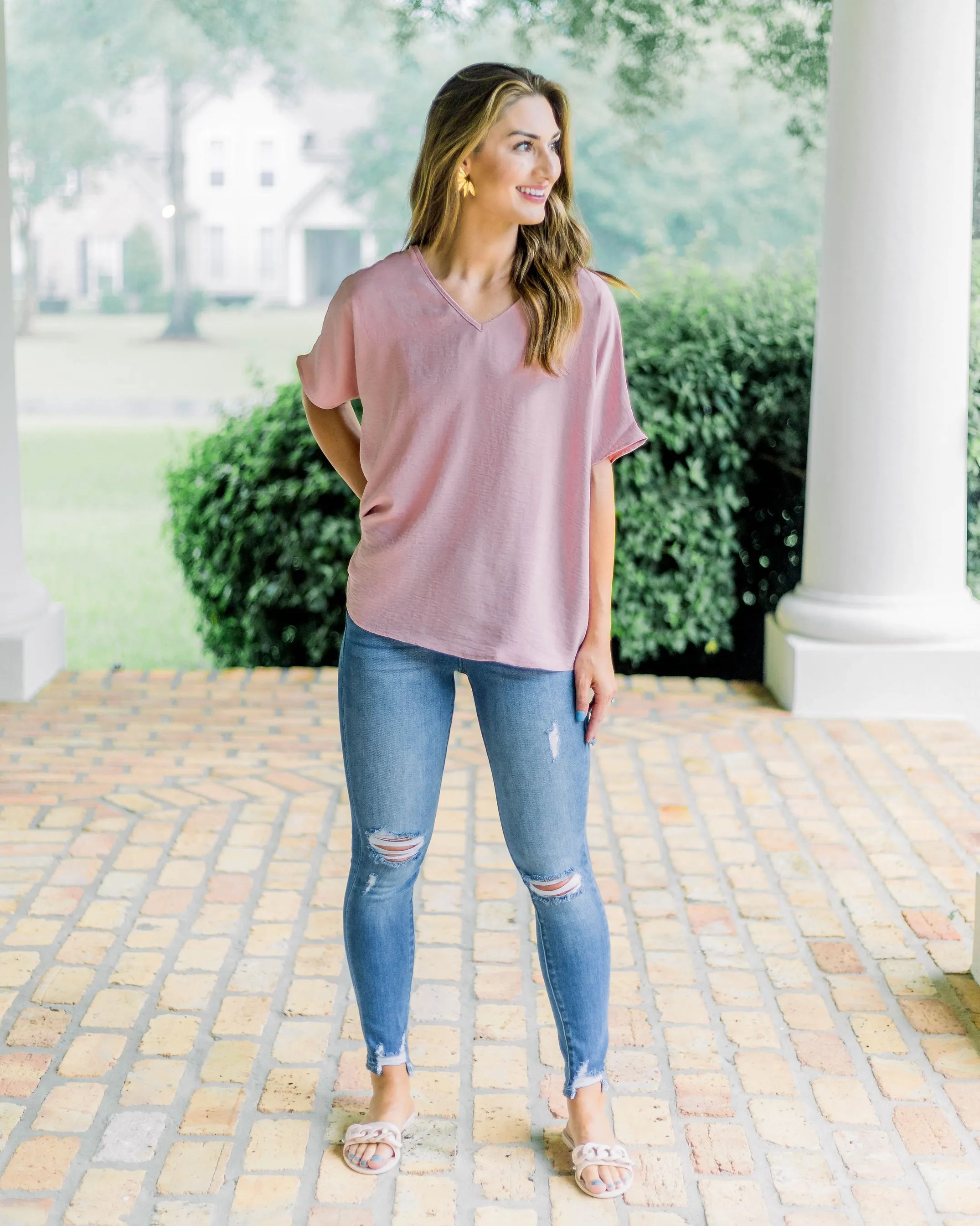 Flowy V Blouse-Baby Pink