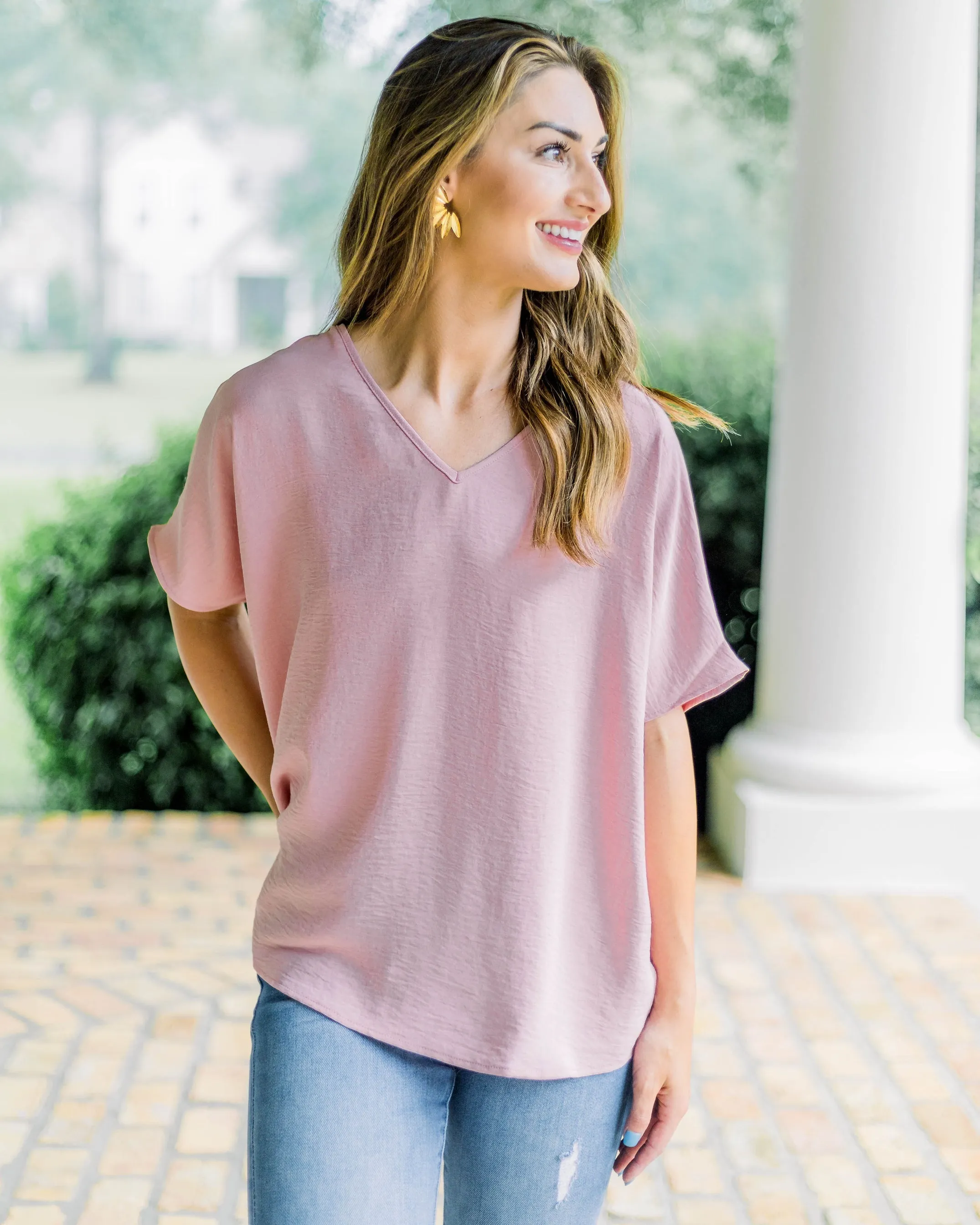 Flowy V Blouse-Baby Pink