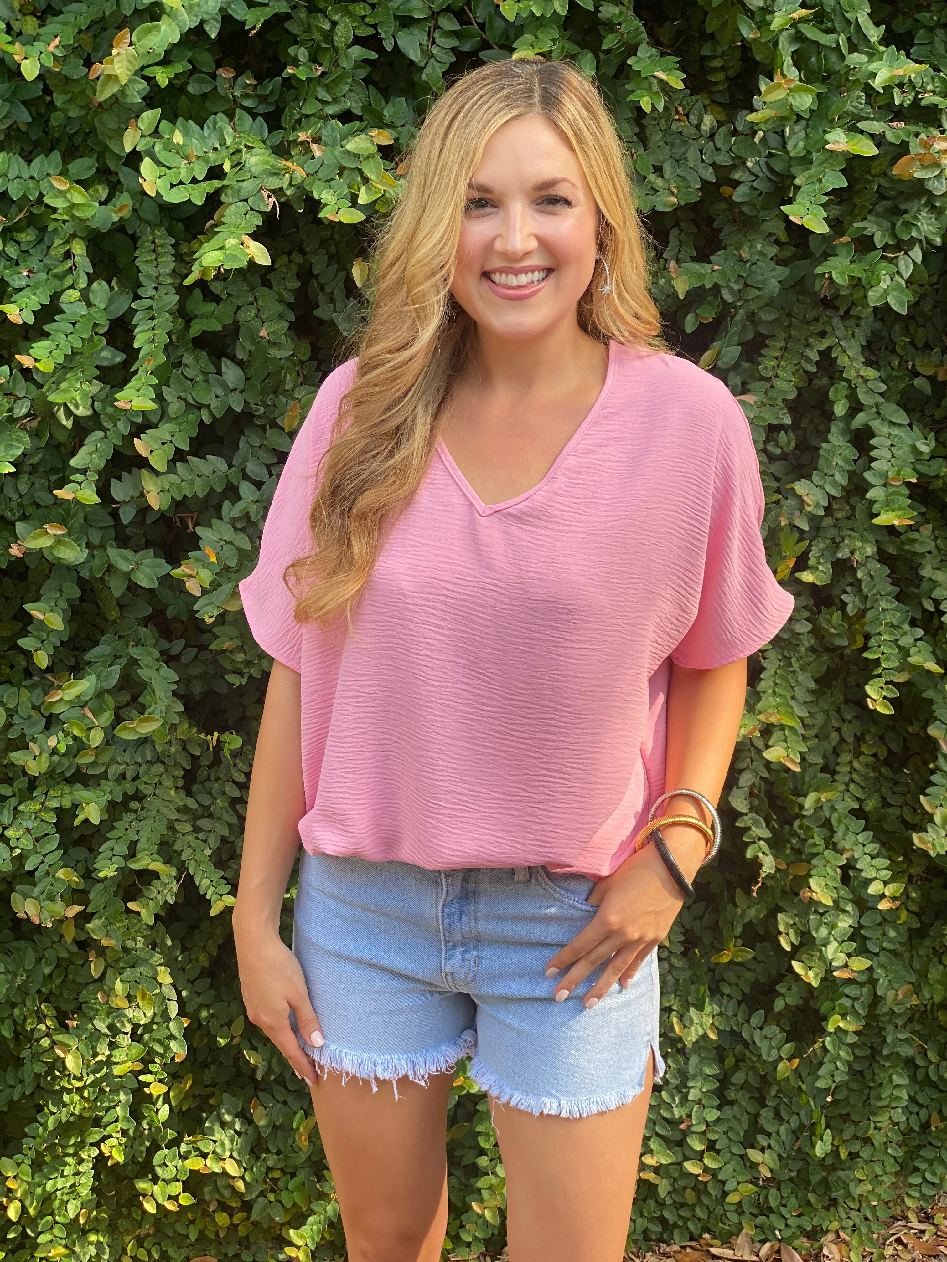 Flowy V Blouse-Baby Pink