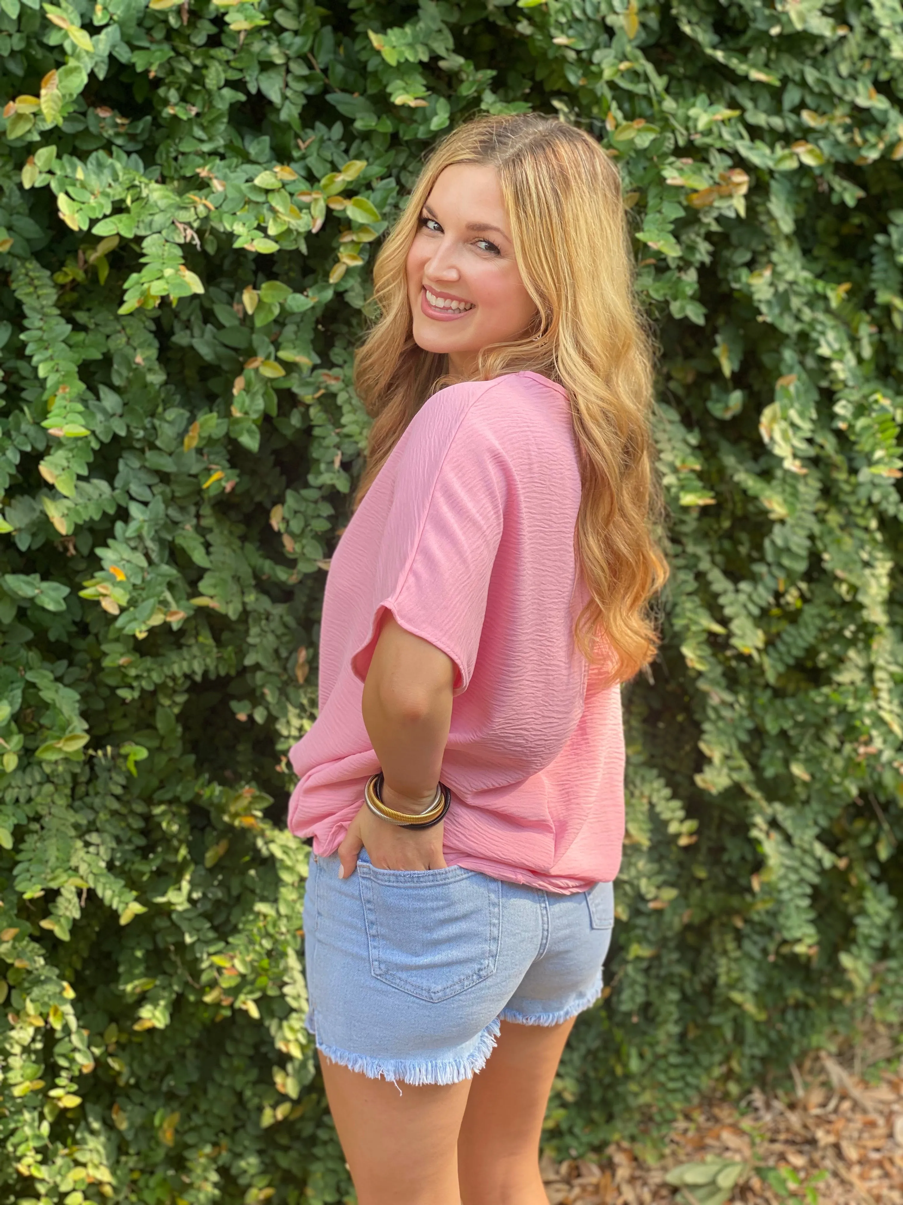 Flowy V Blouse-Baby Pink