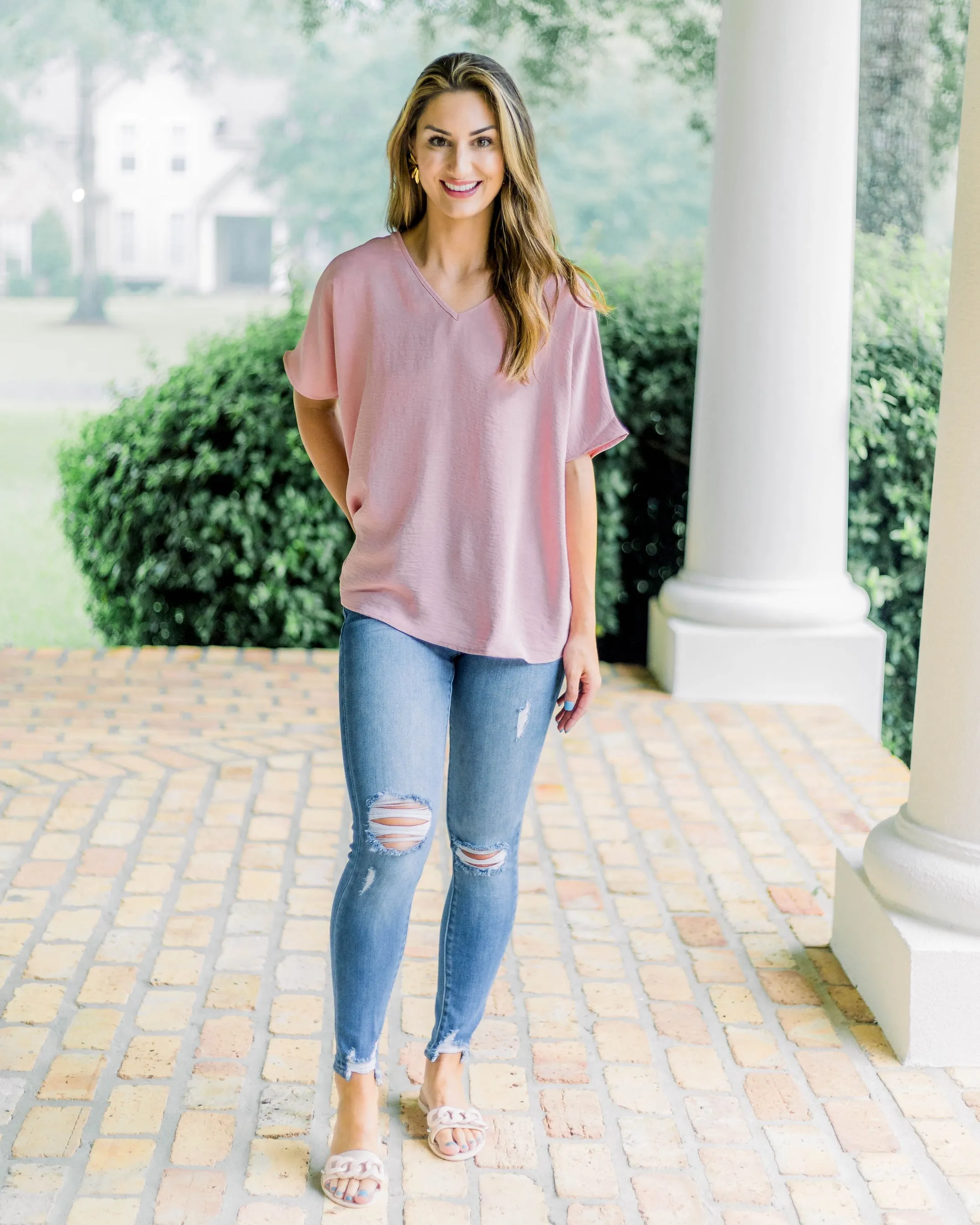 Flowy V Blouse-Baby Pink