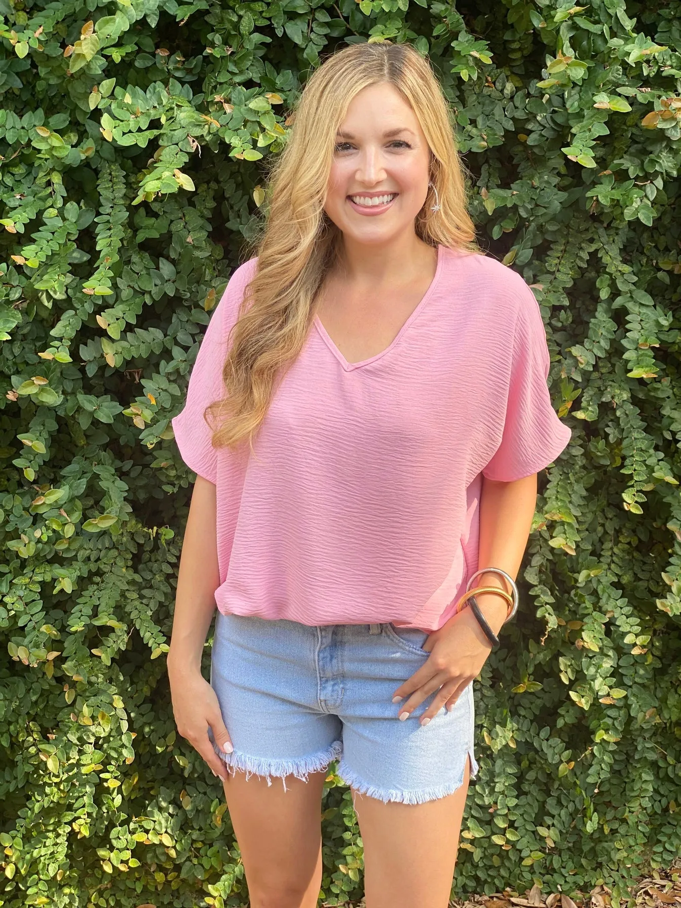 Flowy V Blouse-Baby Pink
