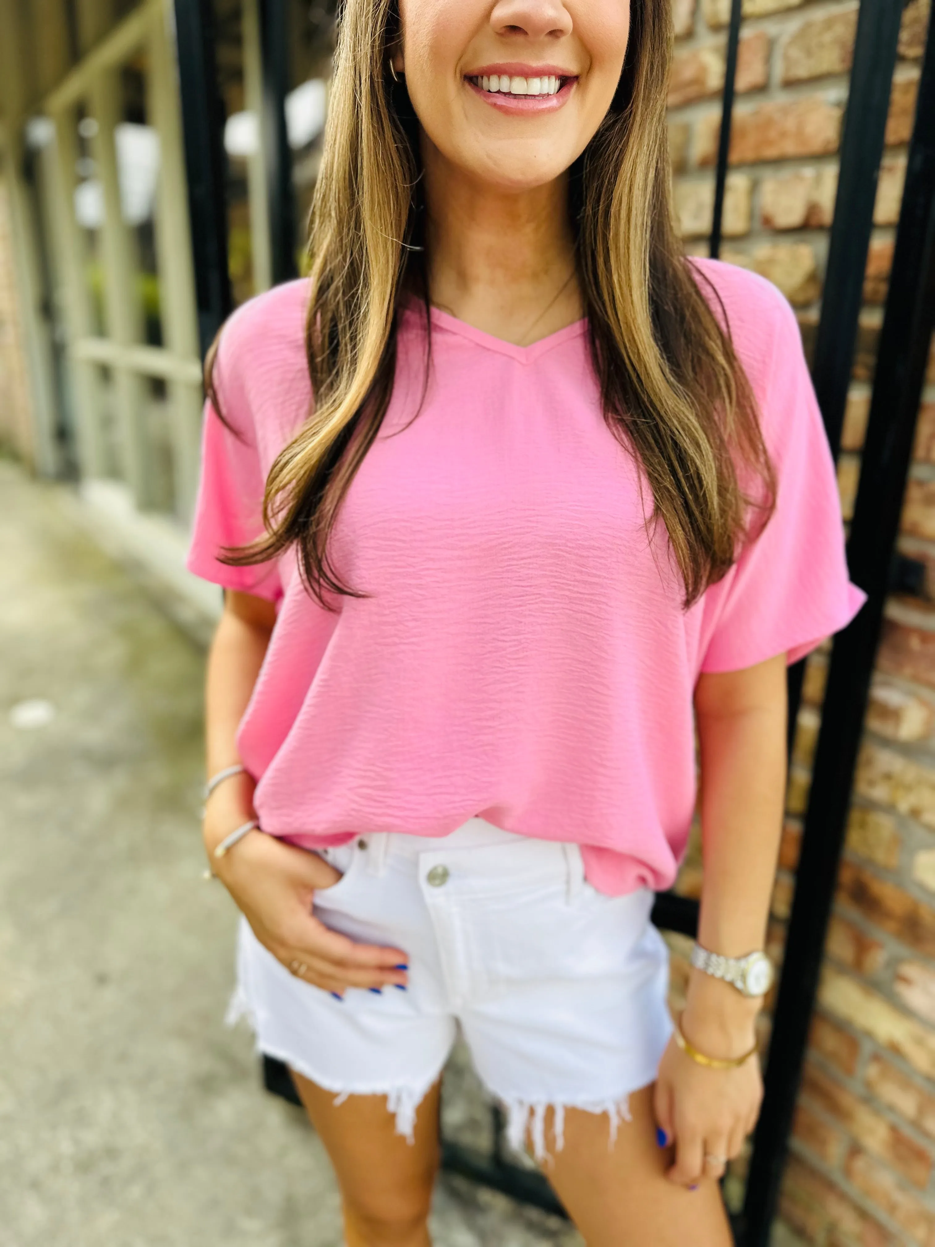 Flowy V Blouse-Baby Pink