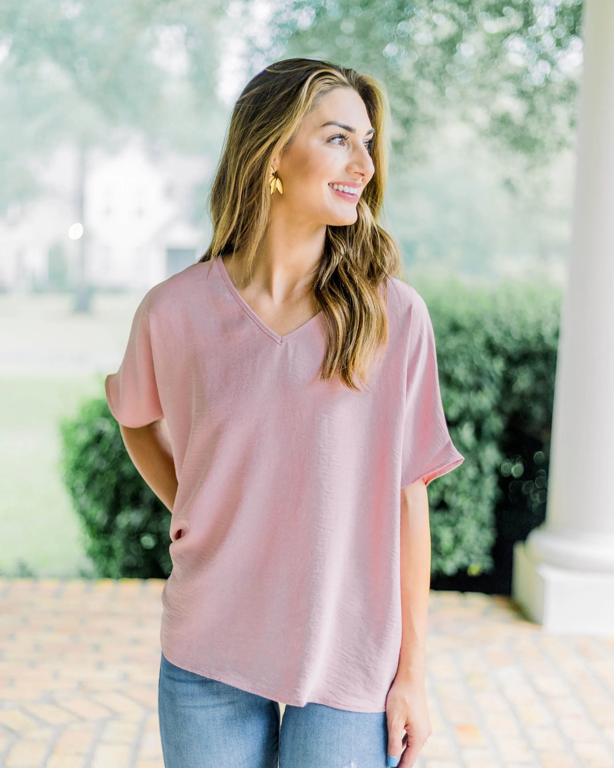 Flowy V Blouse-Baby Pink