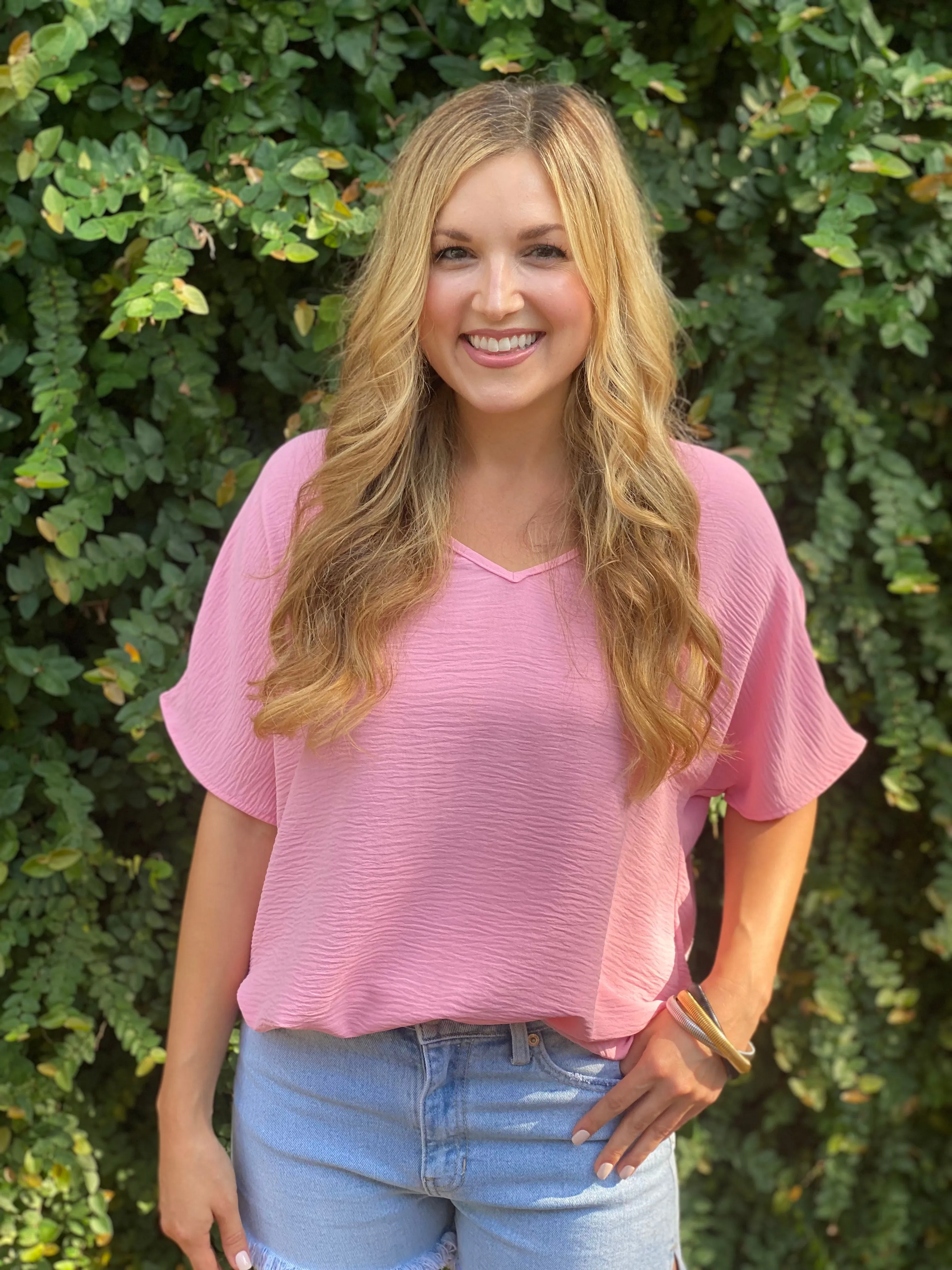 Flowy V Blouse-Baby Pink