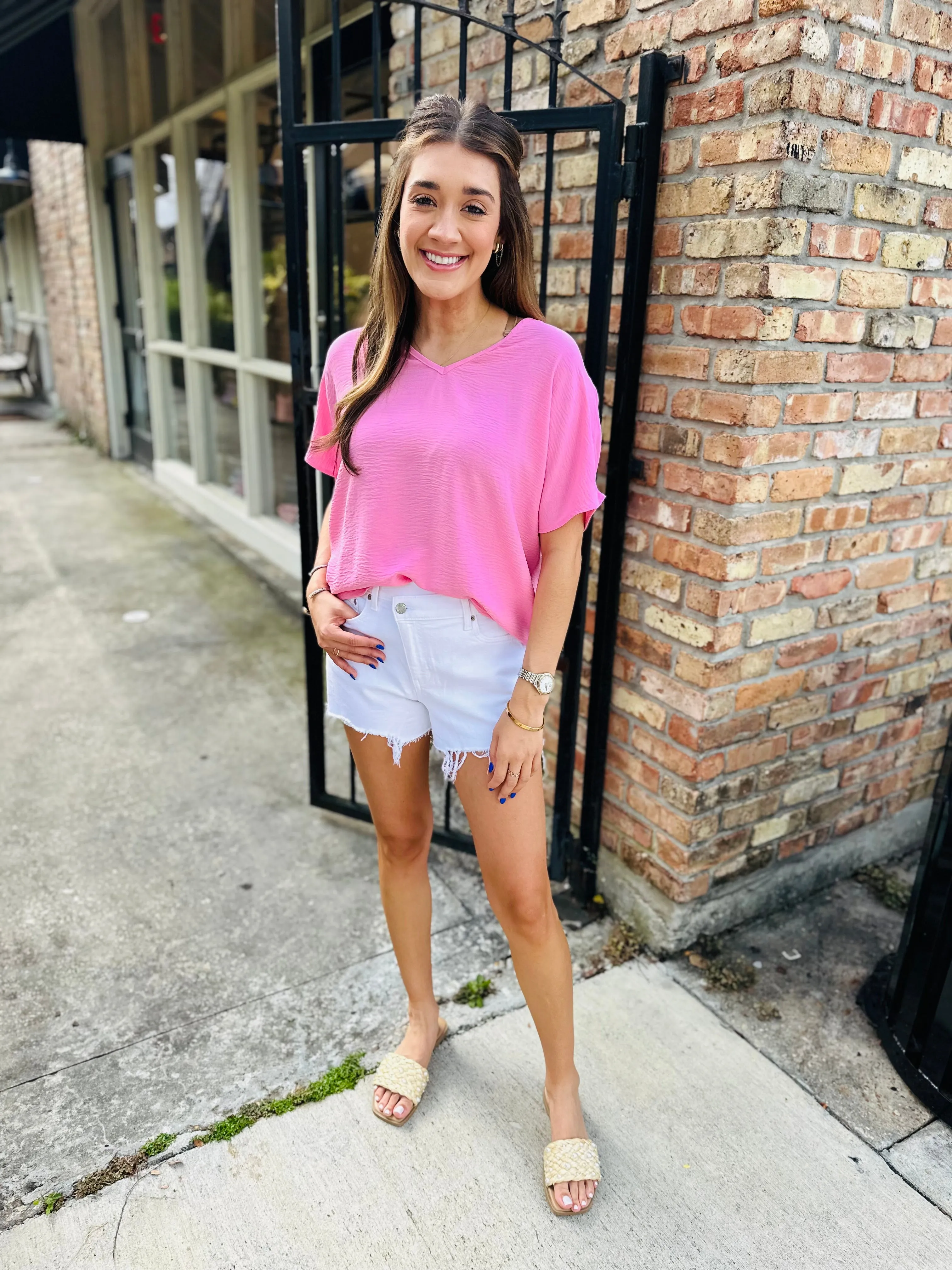 Flowy V Blouse-Baby Pink
