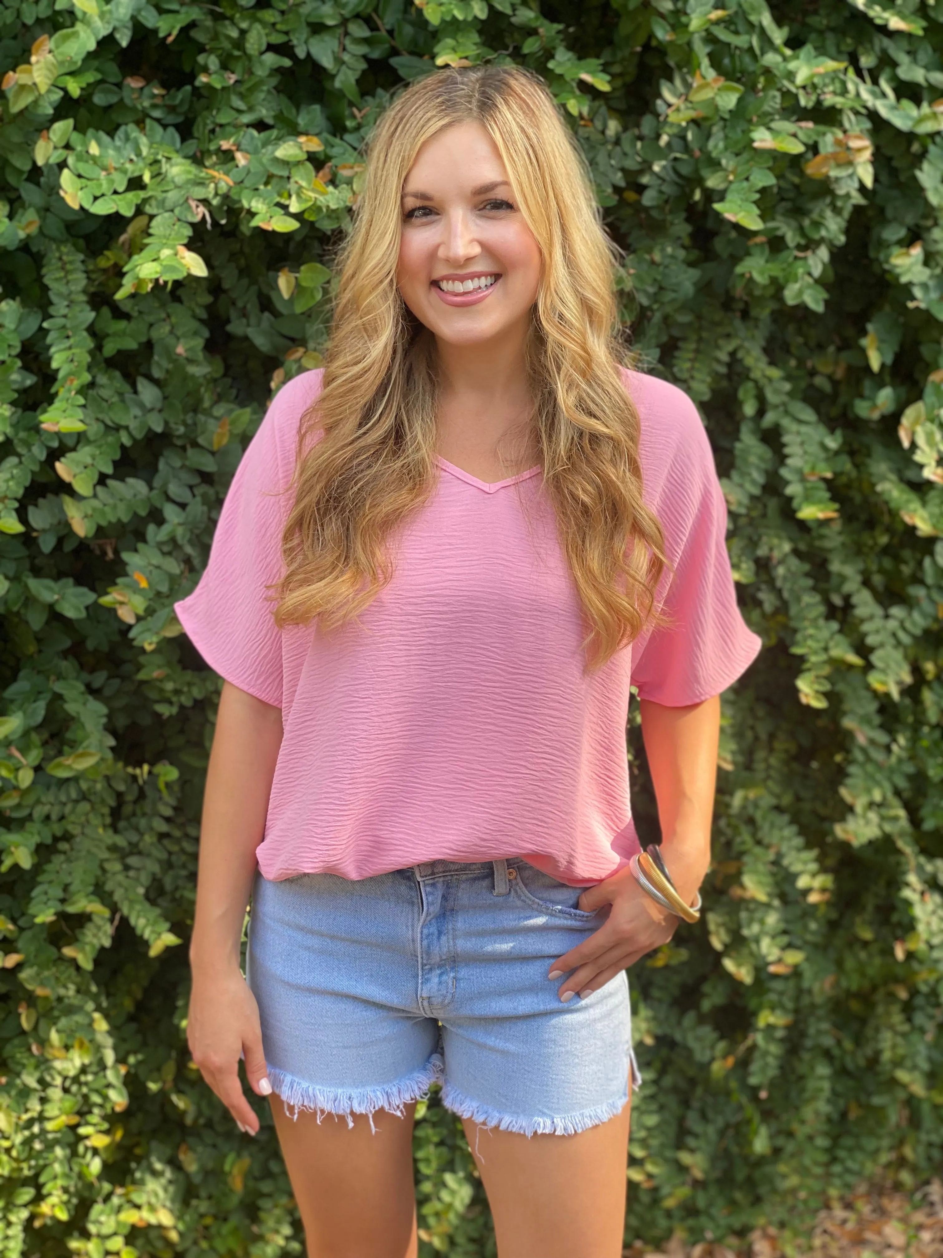 Flowy V Blouse-Baby Pink