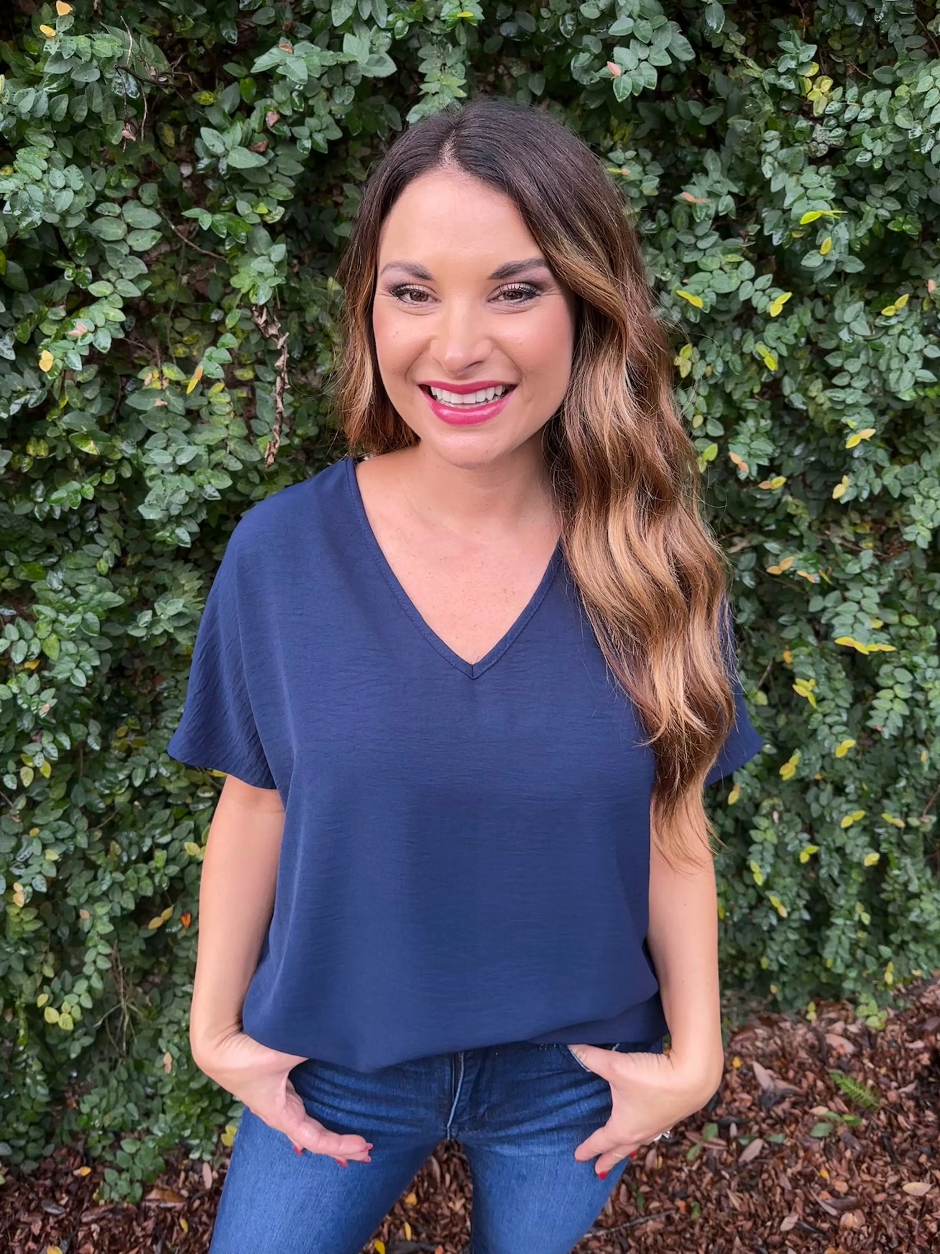 Flowy V Blouse- Navy