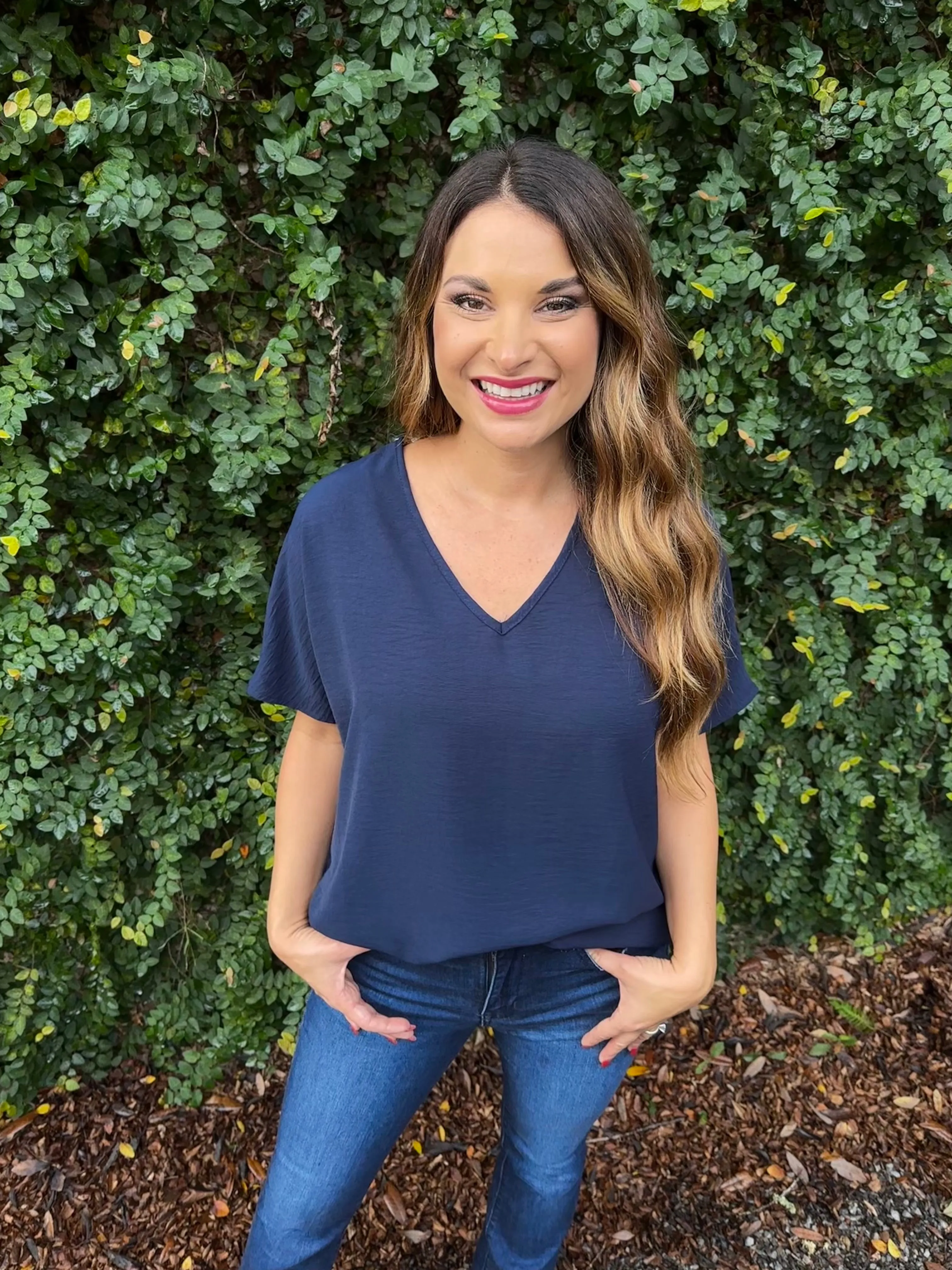 Flowy V Blouse- Navy
