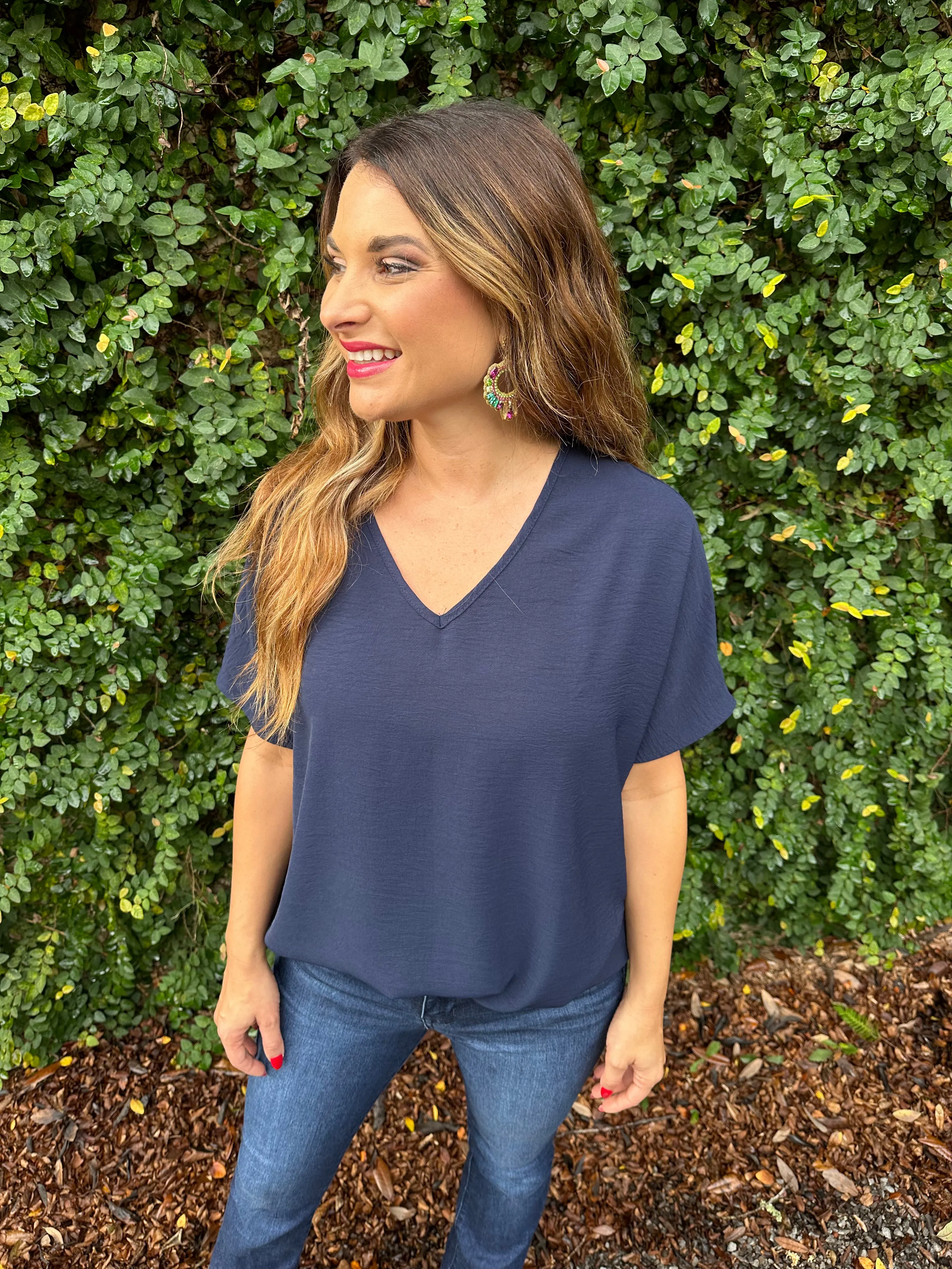 Flowy V Blouse- Navy