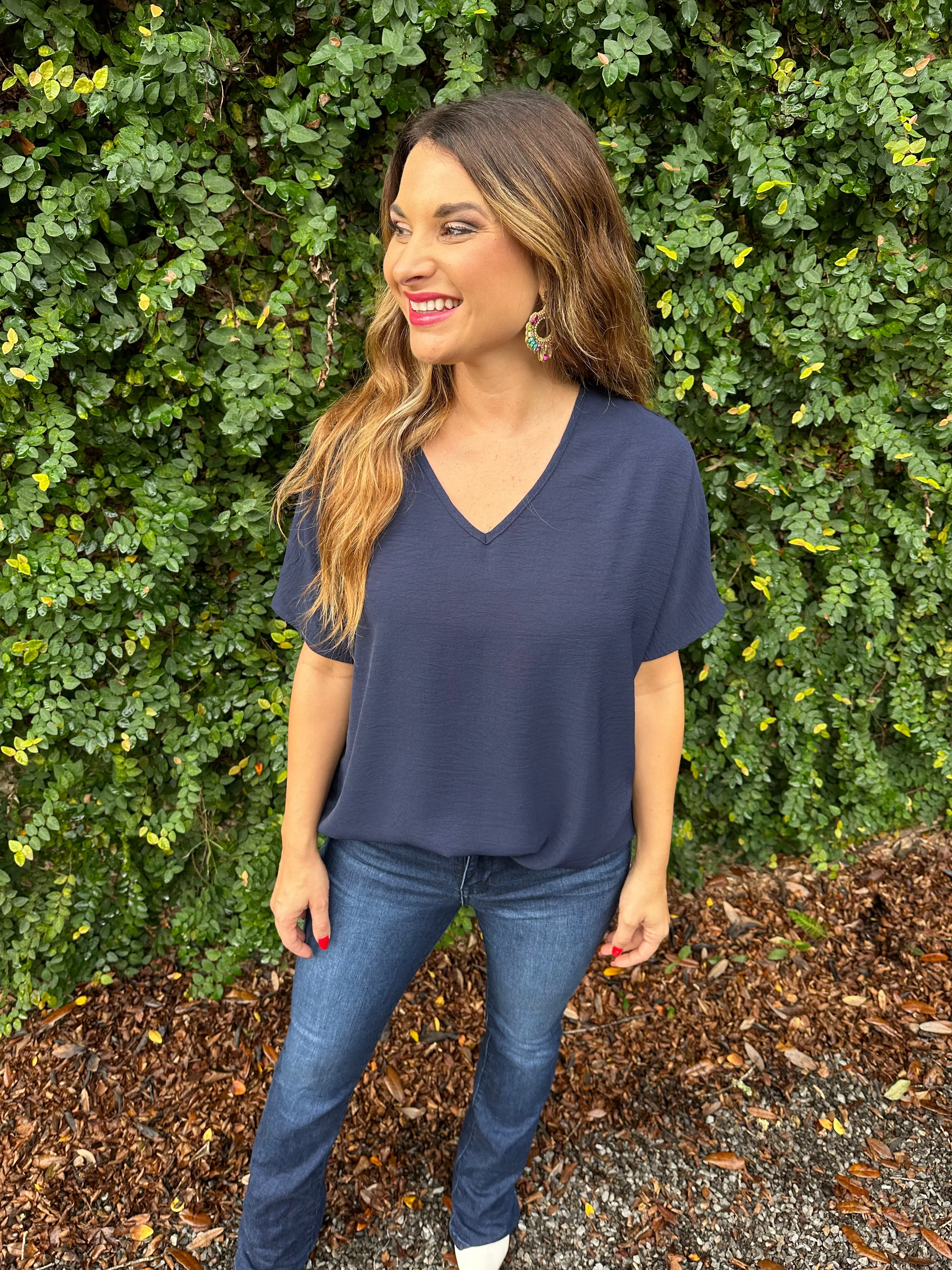 Flowy V Blouse- Navy