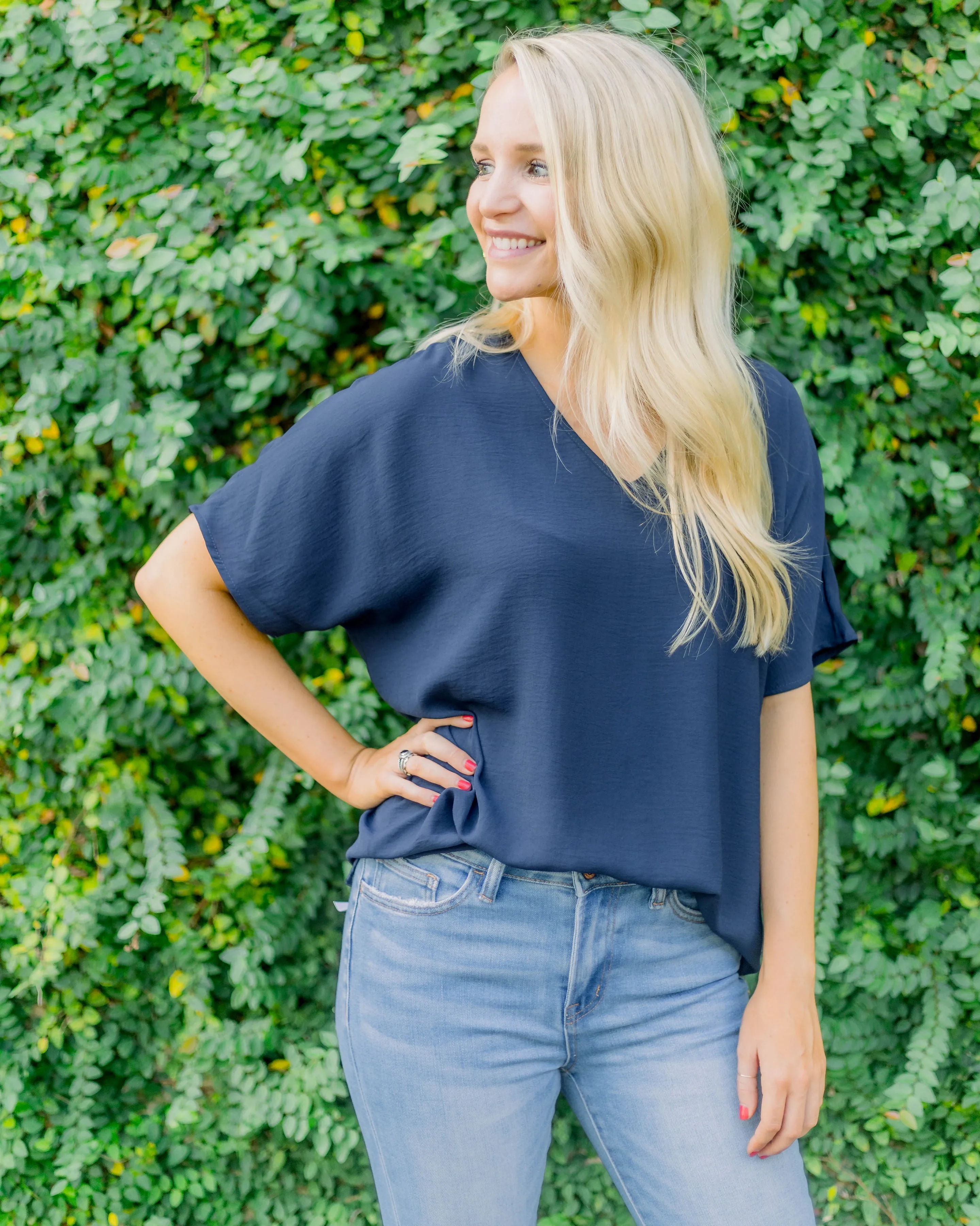 Flowy V Blouse- Navy