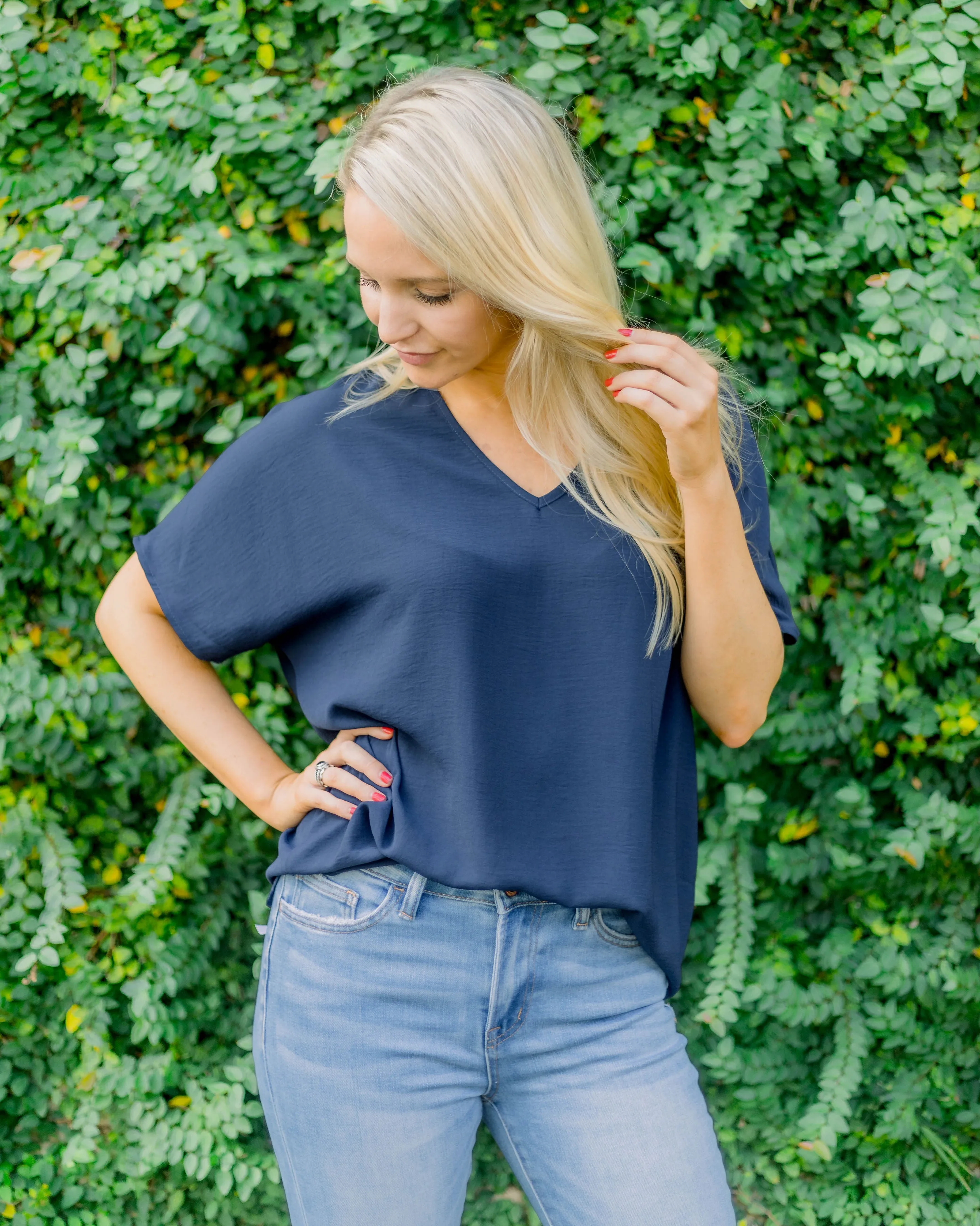 Flowy V Blouse- Navy