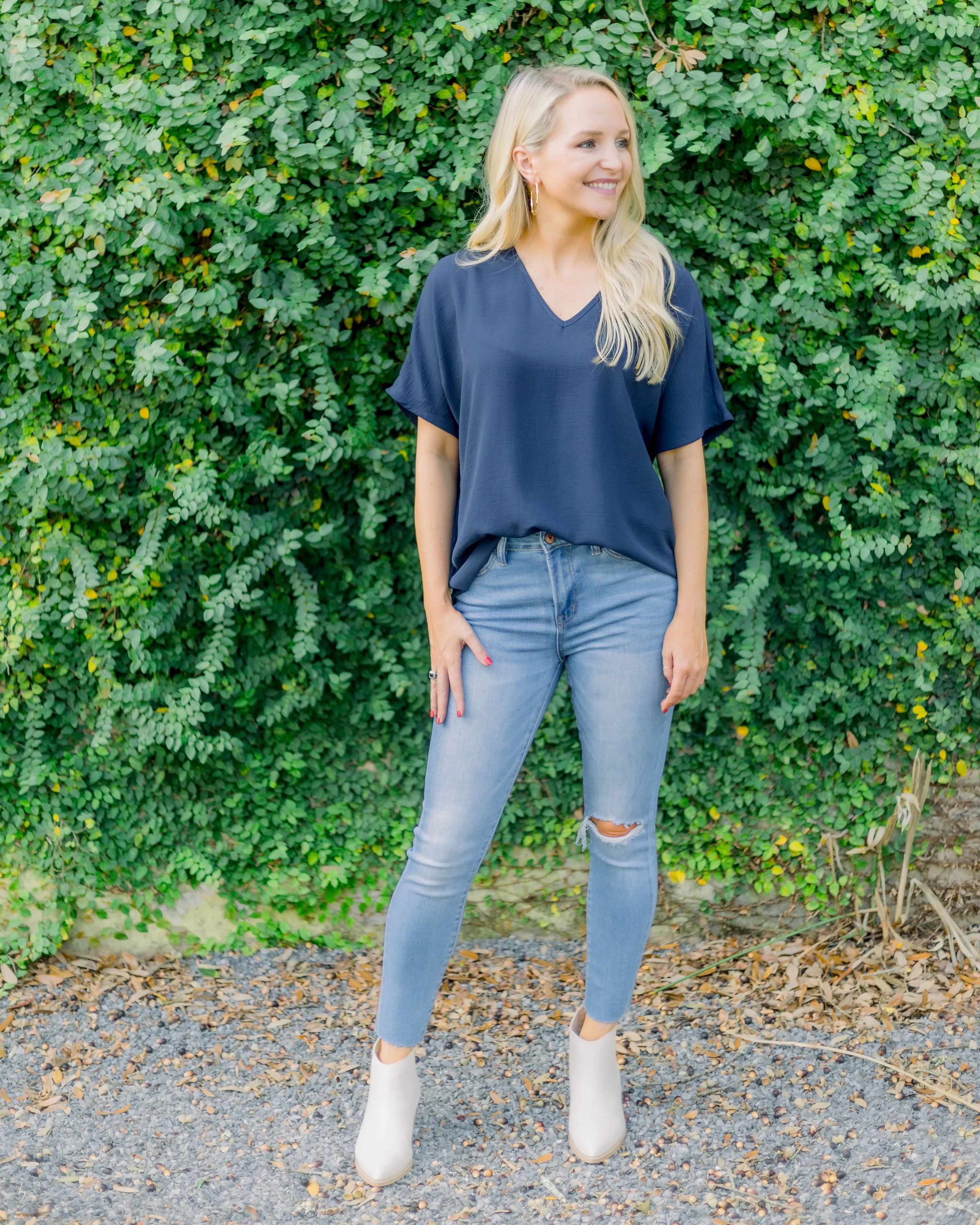 Flowy V Blouse- Navy
