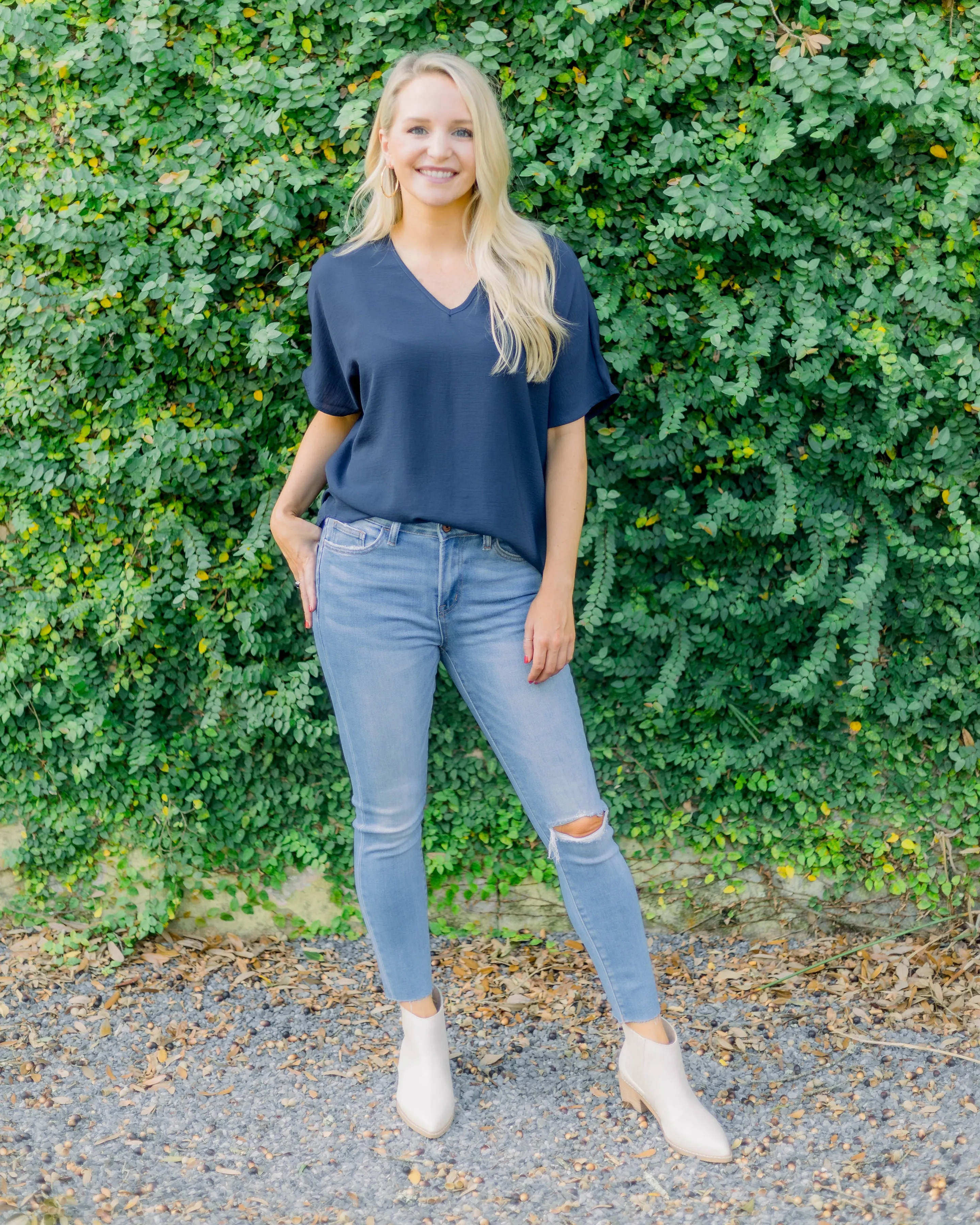 Flowy V Blouse- Navy