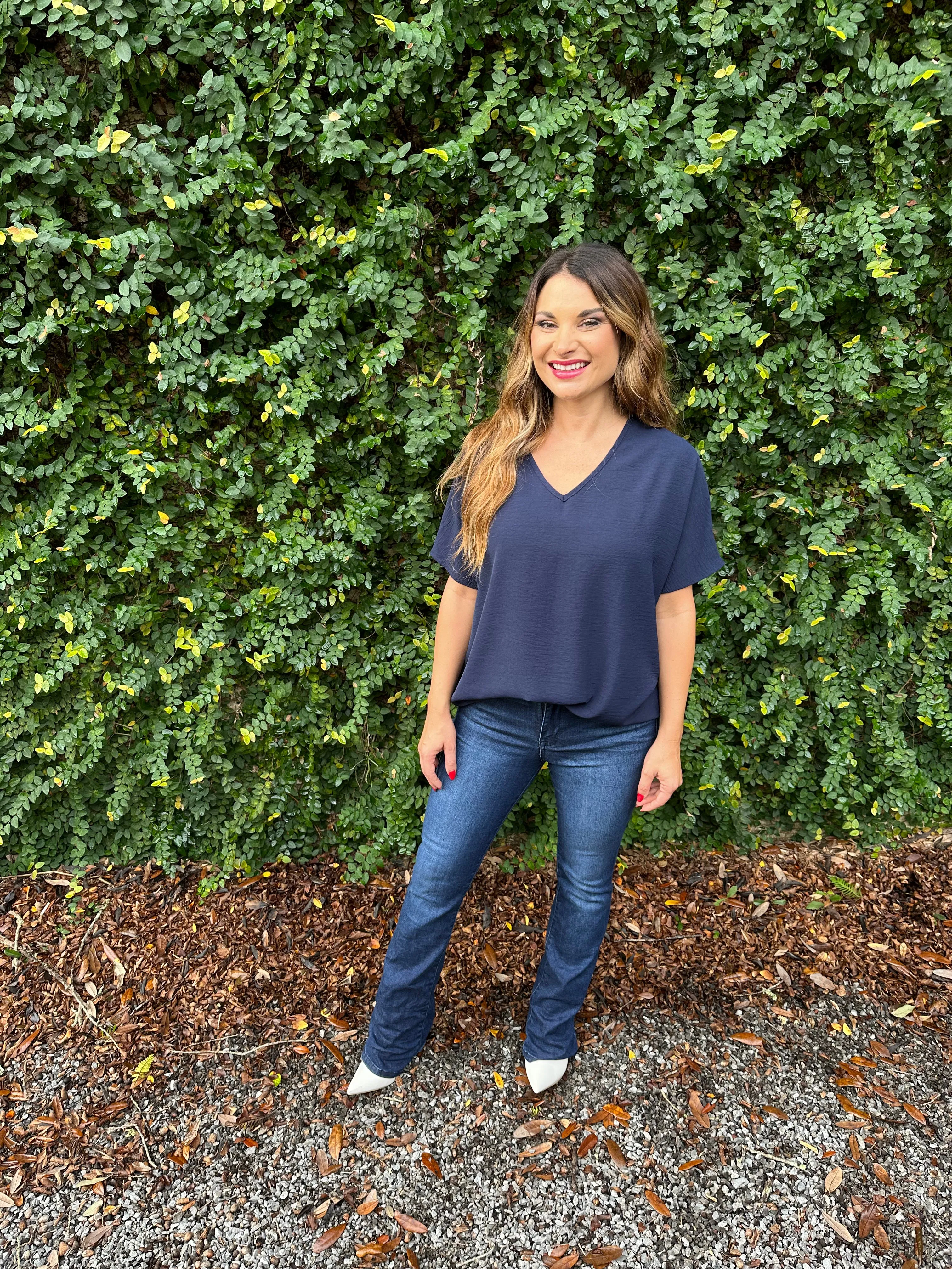 Flowy V Blouse- Navy