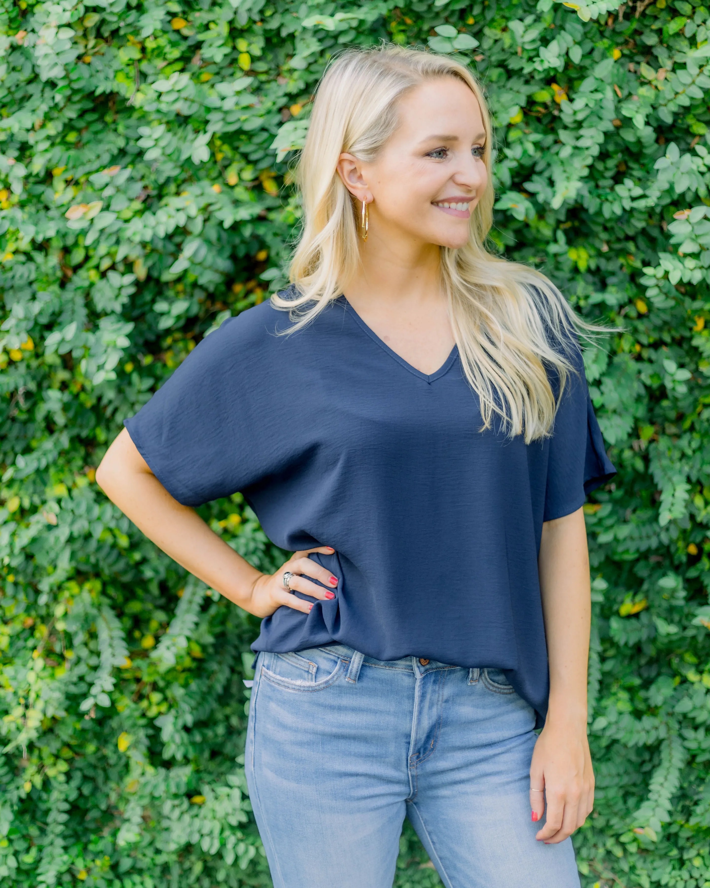 Flowy V Blouse- Navy